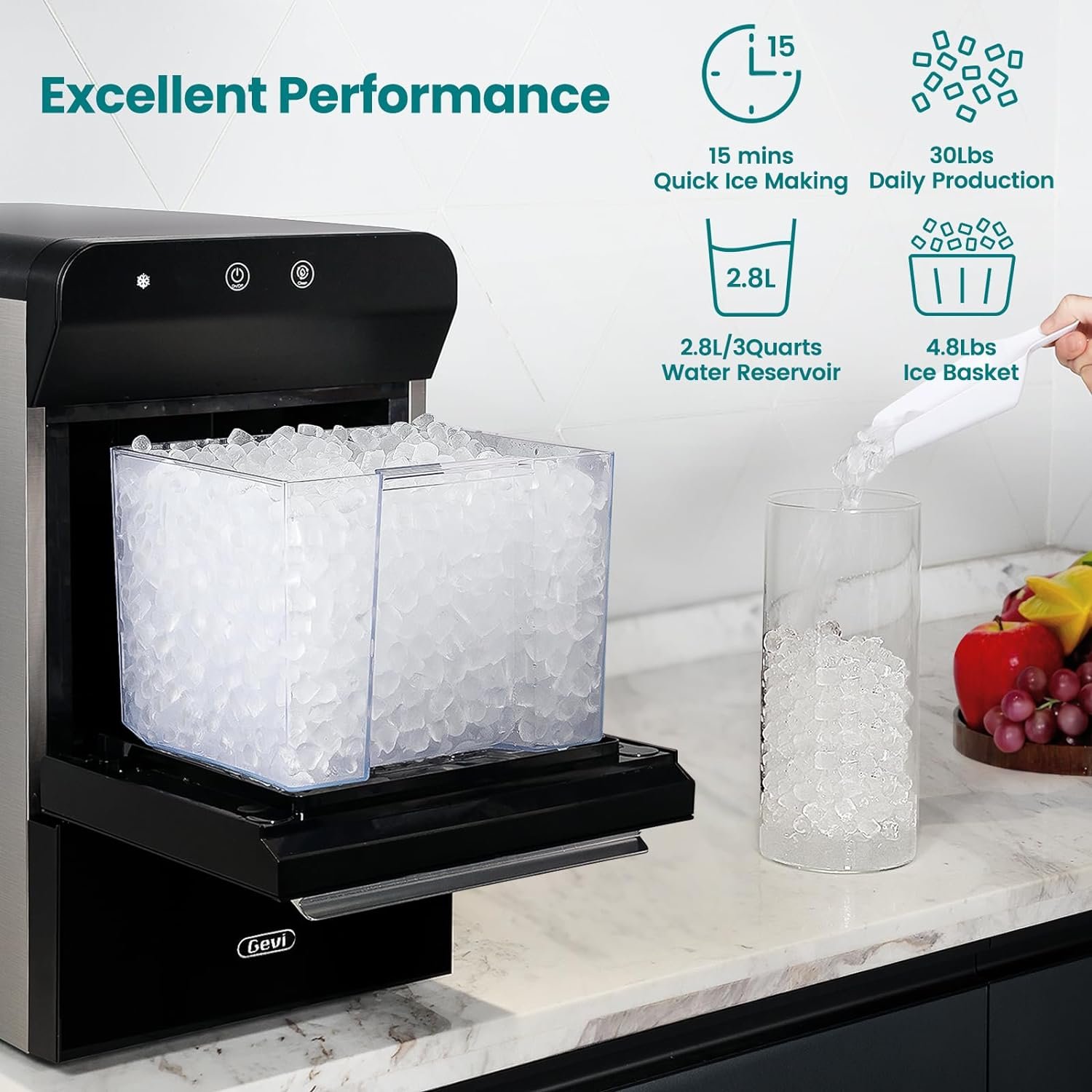 Gevi Household V2.0 Countertop Nugget Ice Maker | Self-Cleaning Pellet Ice Machine | Stainless Steel Housing |16.9H Fits Perfectly Under Wall Cabinet | Black with Viewing Window