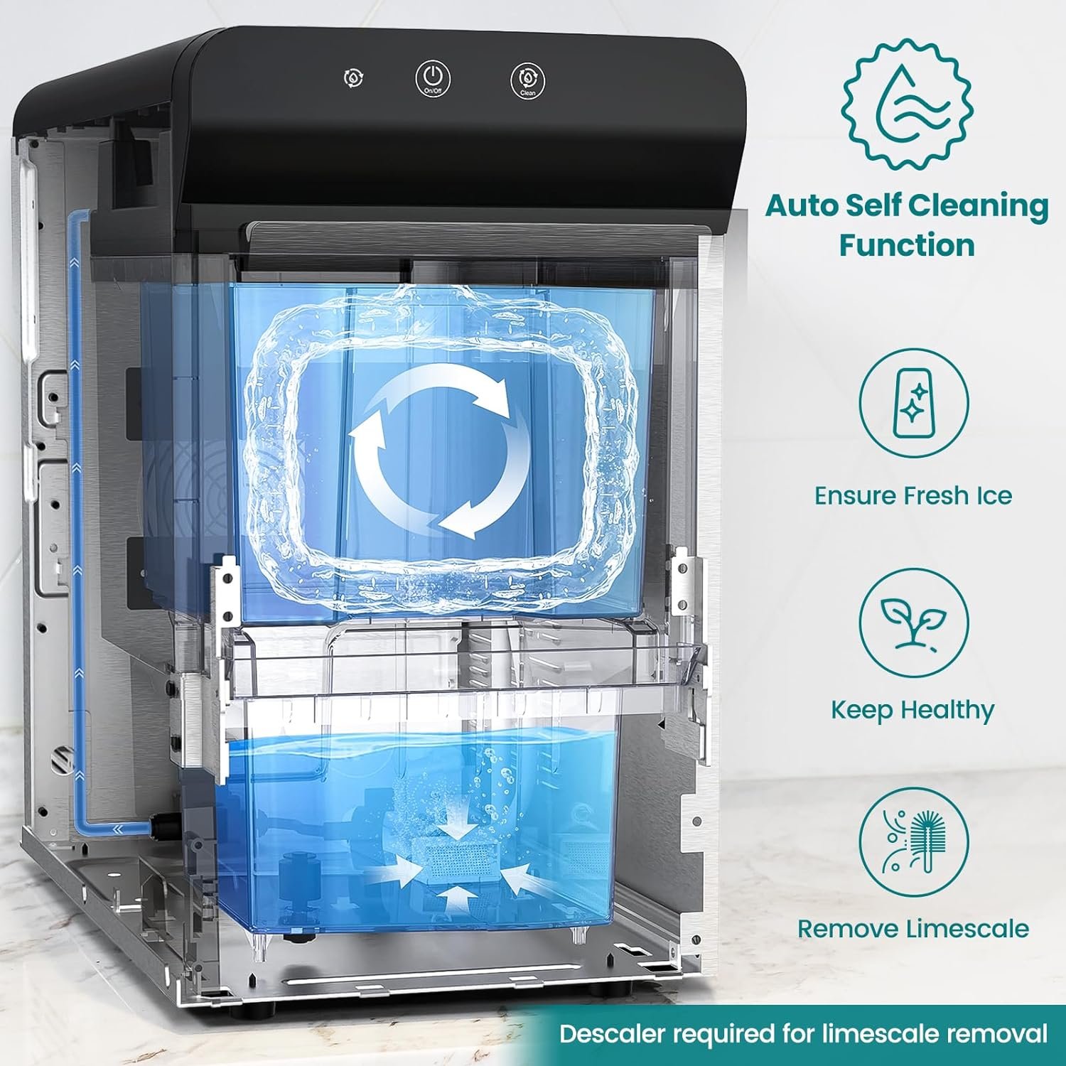 Gevi Household V2.0 Countertop Nugget Ice Maker | Self-Cleaning Pellet Ice Machine | Stainless Steel Housing |16.9H Fits Perfectly Under Wall Cabinet | Black with Viewing Window