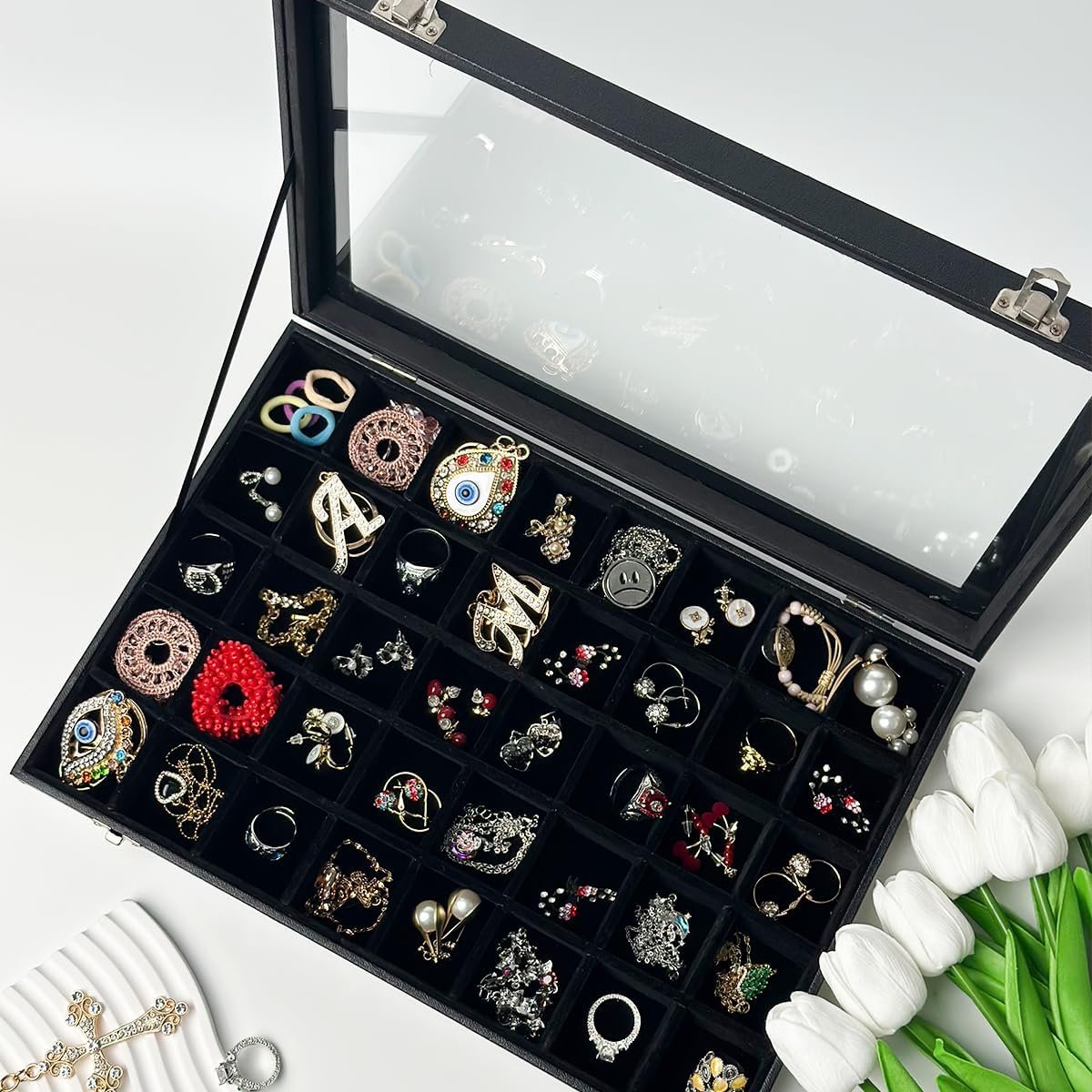 GISK 100 Slots Ring Box Storage Organizer Jewelry Ring Display Case with Transparent Lid Ring Holder Case Jewelry Box Organizer Ring Earring Holder Jewelry Tray Organizer…