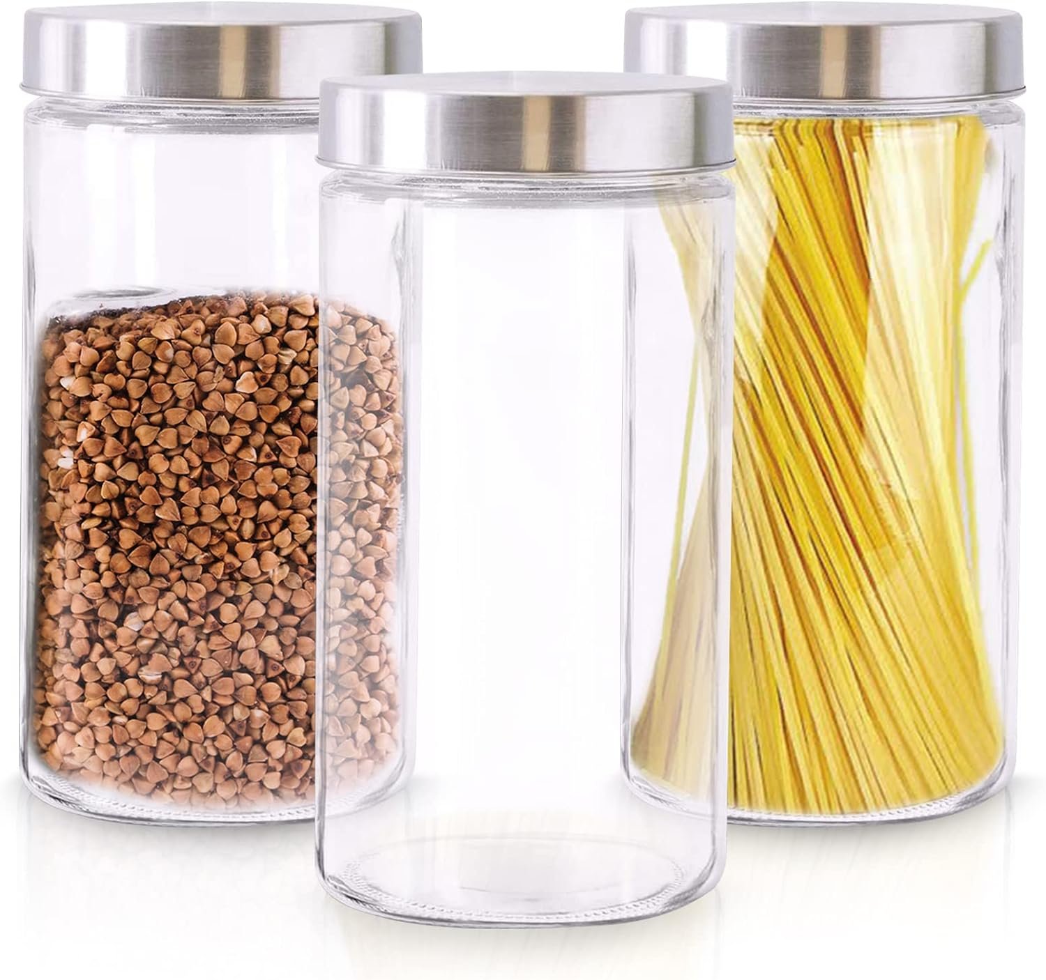 Glass Canisters for Kitchen – Set of 3 Large Food Storage Containers – 70Oz Storage Jars with Stainless Steel Lids – Suitable for Snacks, Flour, Sugar, Pet Treats – Screw-On Lid