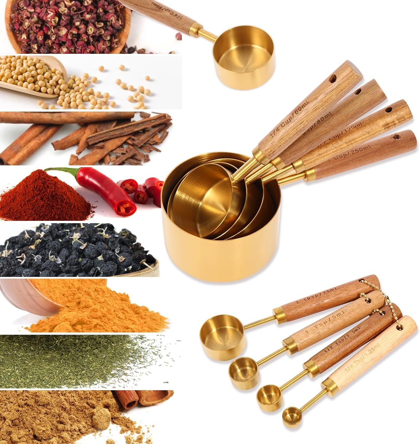 Gold Measuring Cups and Spoons Set with Fragrant Wood Handles, Premium Stainless Steel Measuring Spoons and Measuring Cups Set, For Cooking and Baking in the Kitchen (8 Piece) Gold Measuring Cups and Spoons Set with Fragrant Wood Handles, Premium Stainless Steel Measuring Spoons and Measuring Cups Set, For Cooking and Baking in the Kitchen (8 Piece)