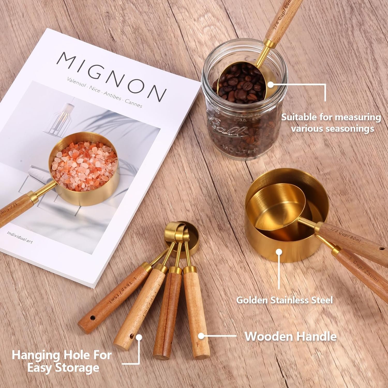 Gold Measuring Cups and Spoons Set with Fragrant Wood Handles, Premium Stainless Steel Measuring Spoons and Measuring Cups Set, For Cooking and Baking in the Kitchen (8 Piece) Gold Measuring Cups and Spoons Set with Fragrant Wood Handles, Premium Stainless Steel Measuring Spoons and Measuring Cups Set, For Cooking and Baking in the Kitchen (8 Piece)