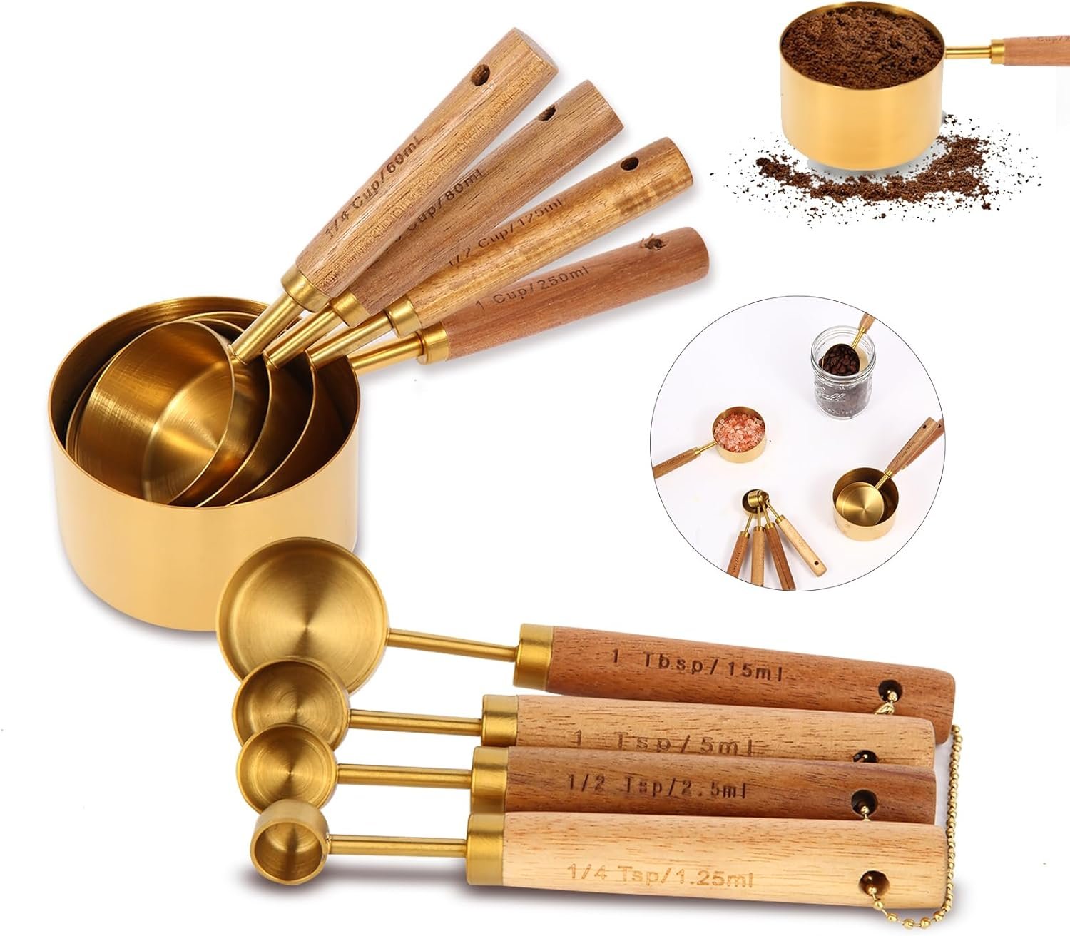Gold Measuring Cups and Spoons Set with Fragrant Wood Handles, Premium Stainless Steel Measuring Spoons and Measuring Cups Set, For Cooking and Baking in the Kitchen (8 Piece) Gold Measuring Cups and Spoons Set with Fragrant Wood Handles, Premium Stainless Steel Measuring Spoons and Measuring Cups Set, For Cooking and Baking in the Kitchen (8 Piece)