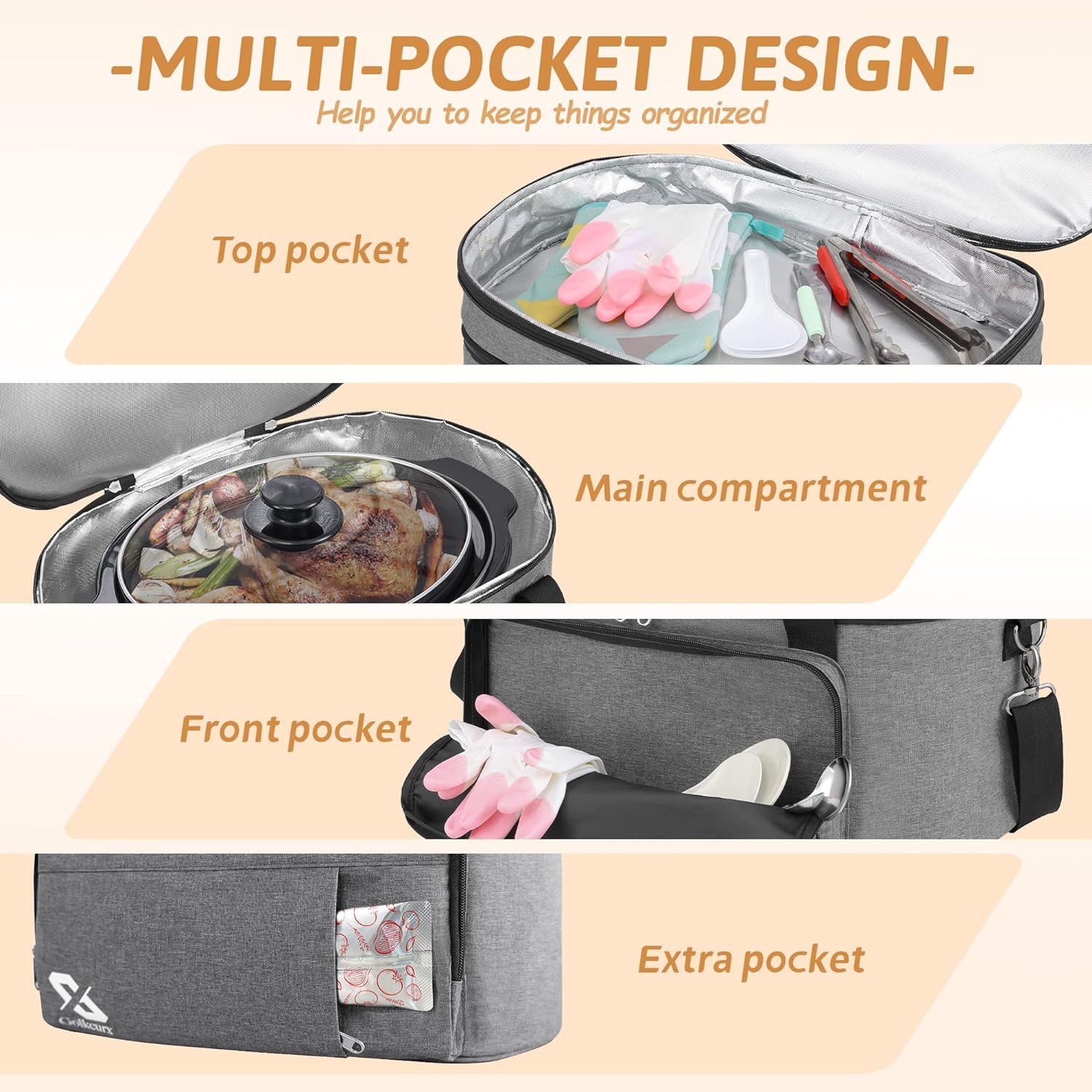 Golkcurx Double Layer Slow Cooker Bag for 6-8 Quart Oval CrockPot and Hamilton Beach Models, with Padded Adjustable Strap, Top Zip Compartment, and Front Pocket for Utensils(Bag Only) Golkcurx Double Layer Slow Cooker Bag for 6-8 Quart Oval CrockPot and Hamilton Beach Models, with Padded Adjustable Strap, Top Zip Compartment, and Front Pocket for Utensils(Bag Only)