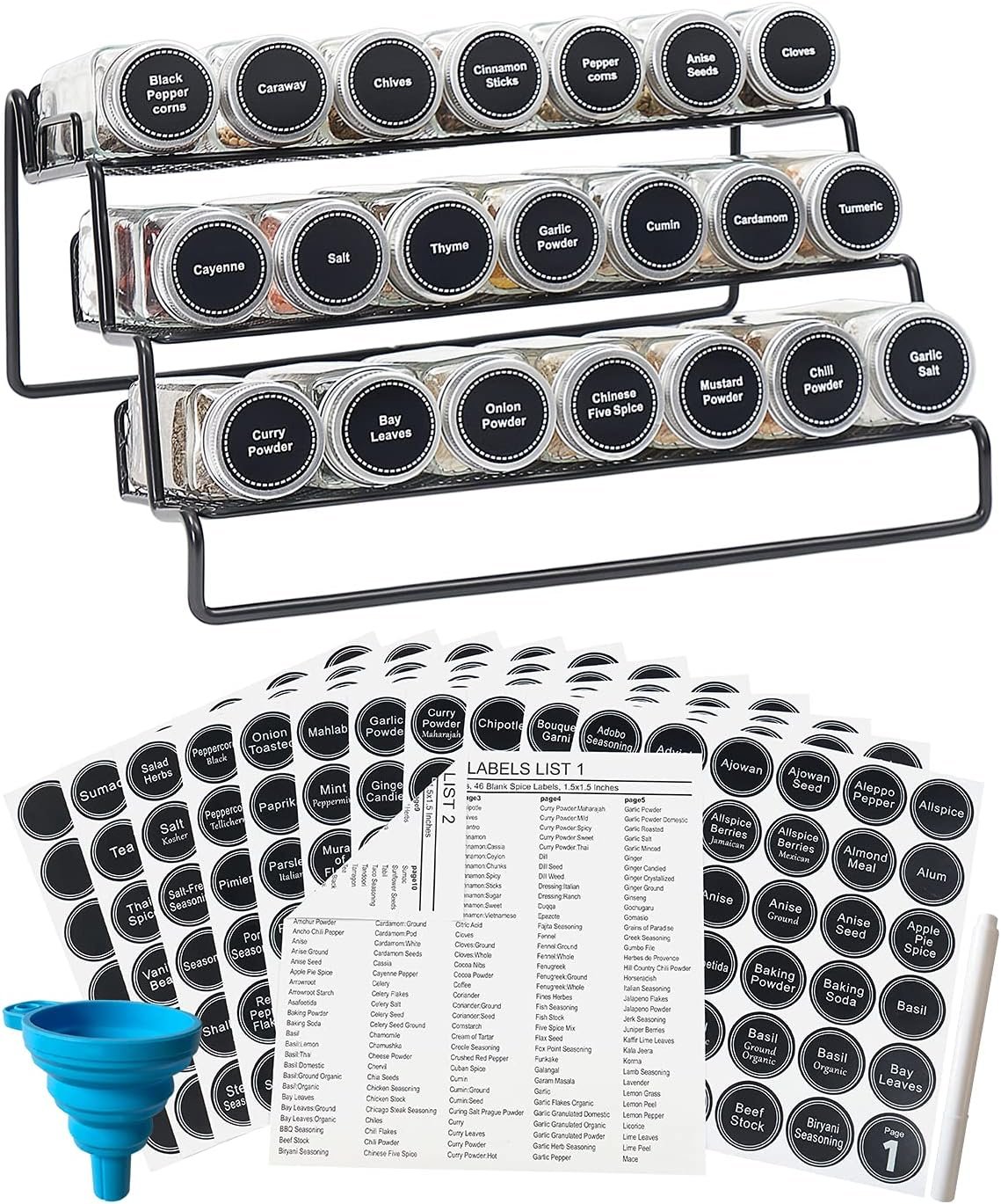 GONGSHI 3 Tier Cabinet Spice Rack Organizer with 21 Empty Glass Spice Jars (4oz), 386 Spice Labels, Chalk Marker and Funnel for Pantry Cupboard or Countertop, Black GONGSHI 3 Tier Cabinet Spice Rack Organizer with 21 Empty Glass Spice Jars (4oz), 386 Spice Labels, Chalk Marker and Funnel for Pantry Cupboard or Countertop, Black