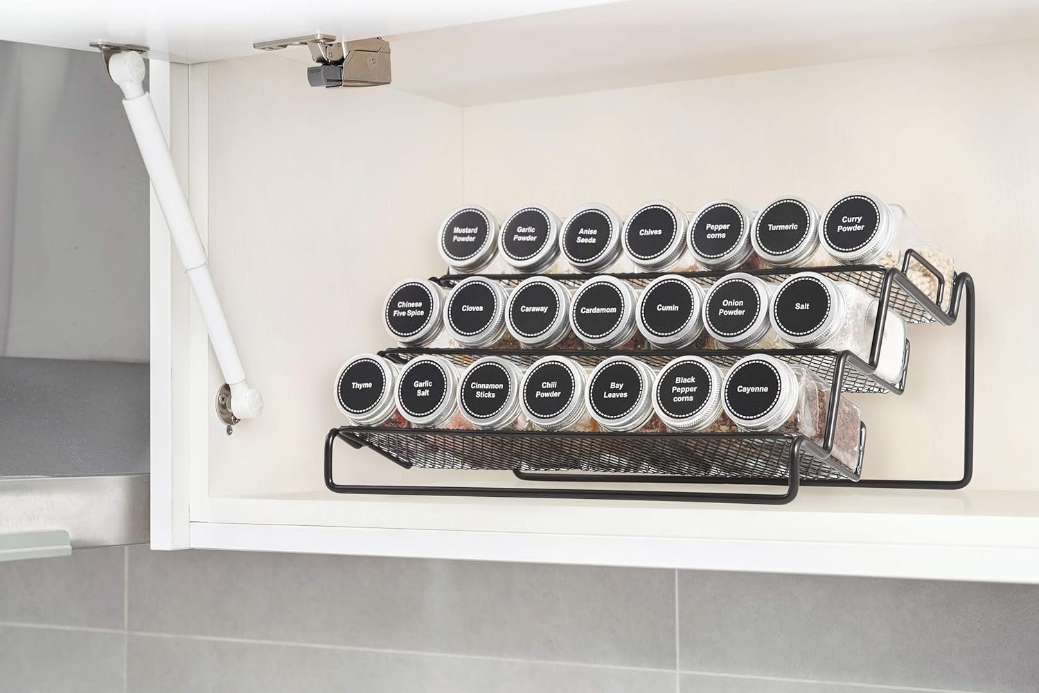 GONGSHI 3 Tier Cabinet Spice Rack Organizer with 21 Empty Glass Spice Jars (4oz), 386 Spice Labels, Chalk Marker and Funnel for Pantry Cupboard or Countertop, Black GONGSHI 3 Tier Cabinet Spice Rack Organizer with 21 Empty Glass Spice Jars (4oz), 386 Spice Labels, Chalk Marker and Funnel for Pantry Cupboard or Countertop, Black