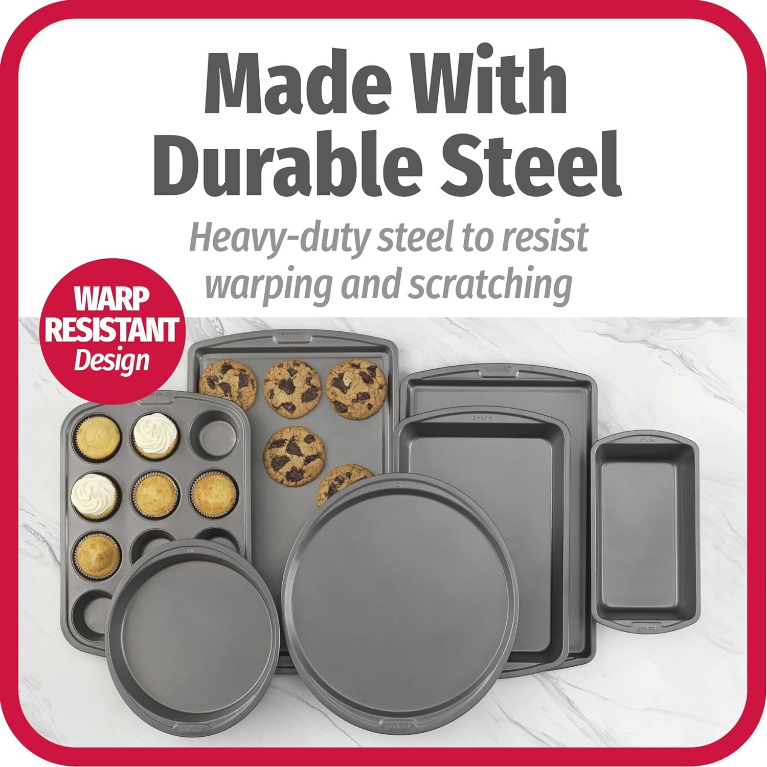 Goodcook Mega Grip 5-Piece Nonstick Steel Bakeware Set with Cookie Sheet, Roast Pan, 2 Cake Pans, and Muffin Pan, Gray (4251)