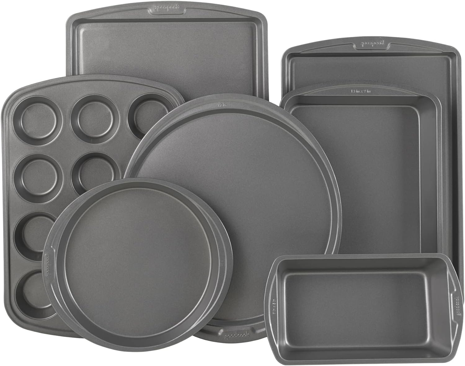 Goodcook Mega Grip 5-Piece Nonstick Steel Bakeware Set with Cookie Sheet, Roast Pan, 2 Cake Pans, and Muffin Pan, Gray (4251)
