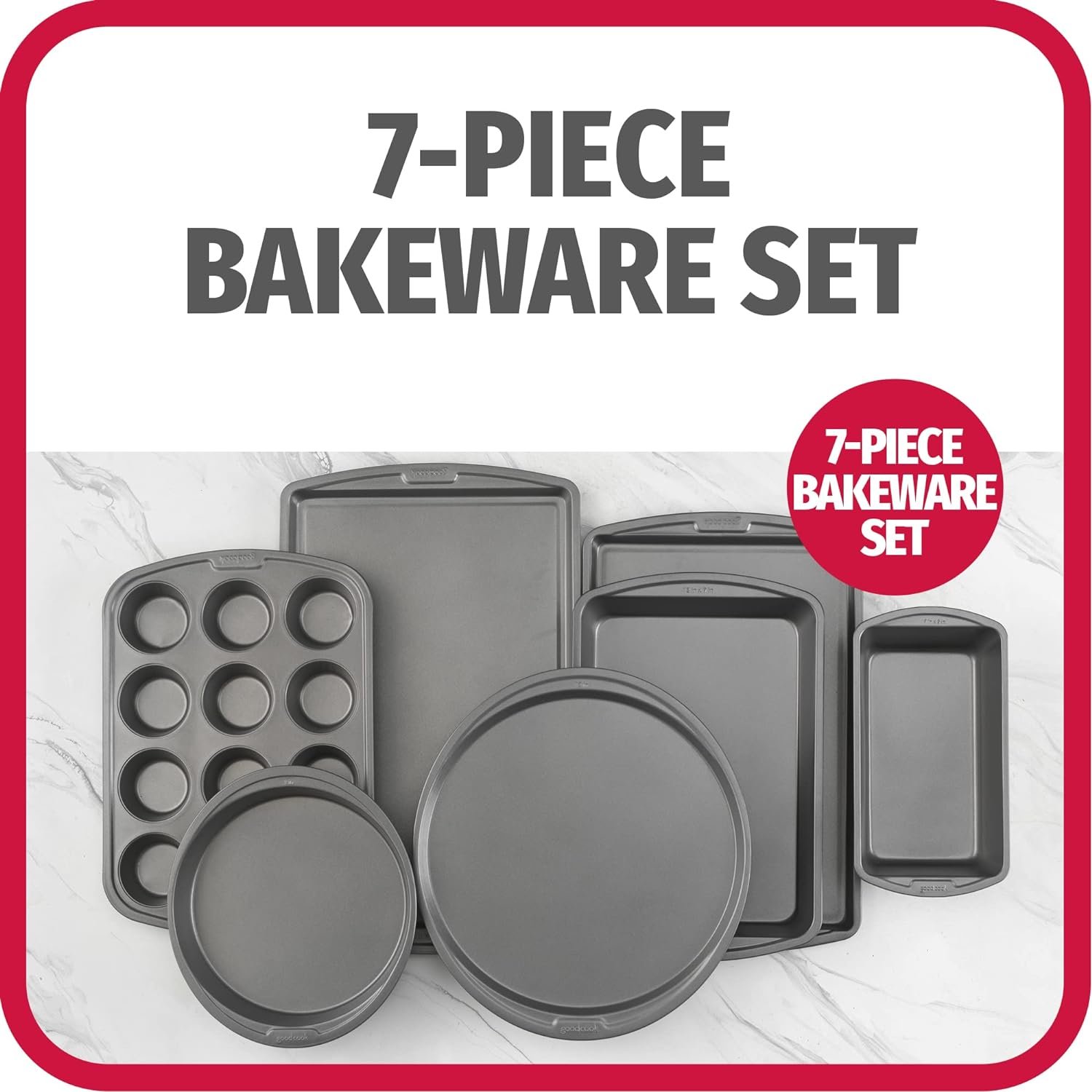 Goodcook Mega Grip 5-Piece Nonstick Steel Bakeware Set with Cookie Sheet, Roast Pan, 2 Cake Pans, and Muffin Pan, Gray (4251)