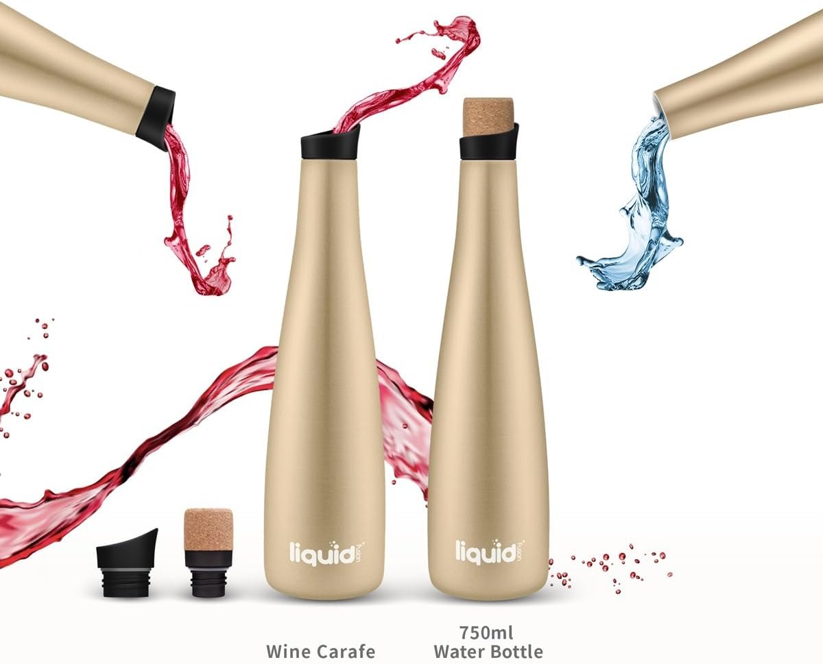 Grand Fusion Icy Bev 2-in-1 Kooler (Wine Carafe and Water Bottle), Vacuum Sealed and Stainless Steel Wine Cooler Bottle, Keeps Wine Chilled Like a Wine Tumbler, Gold, 750 ML (25.4 oz)