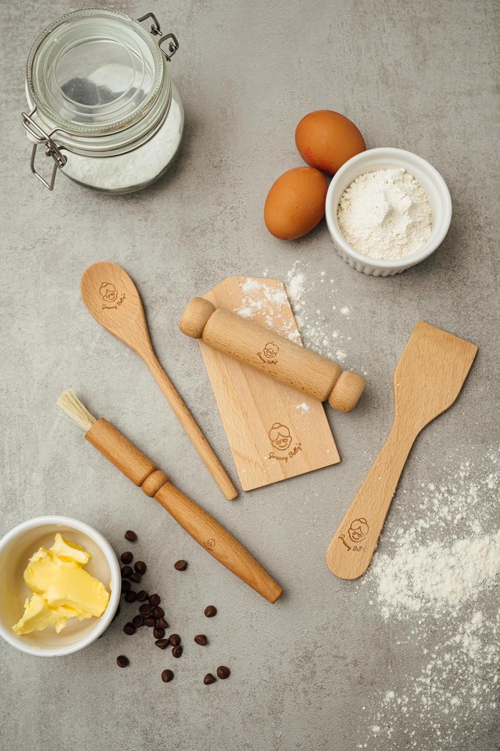 Granny Bettys Kids Cooking Utensils Set – 5-Pcs Kids Baking Set with Chopping Board, Spoon, Spatula, Rolling Pin, Brush – Eco-Friendly Birch Wood Toddler Kitchen Set – Child-Size Kitchen Utensil Set Granny Bettys Kids Cooking Utensils Set – 5-Pcs Kids Baking Set with Chopping Board, Spoon, Spatula, Rolling Pin, Brush – Eco-Friendly Birch Wood Toddler Kitchen Set – Child-Size Kitchen Utensil Set