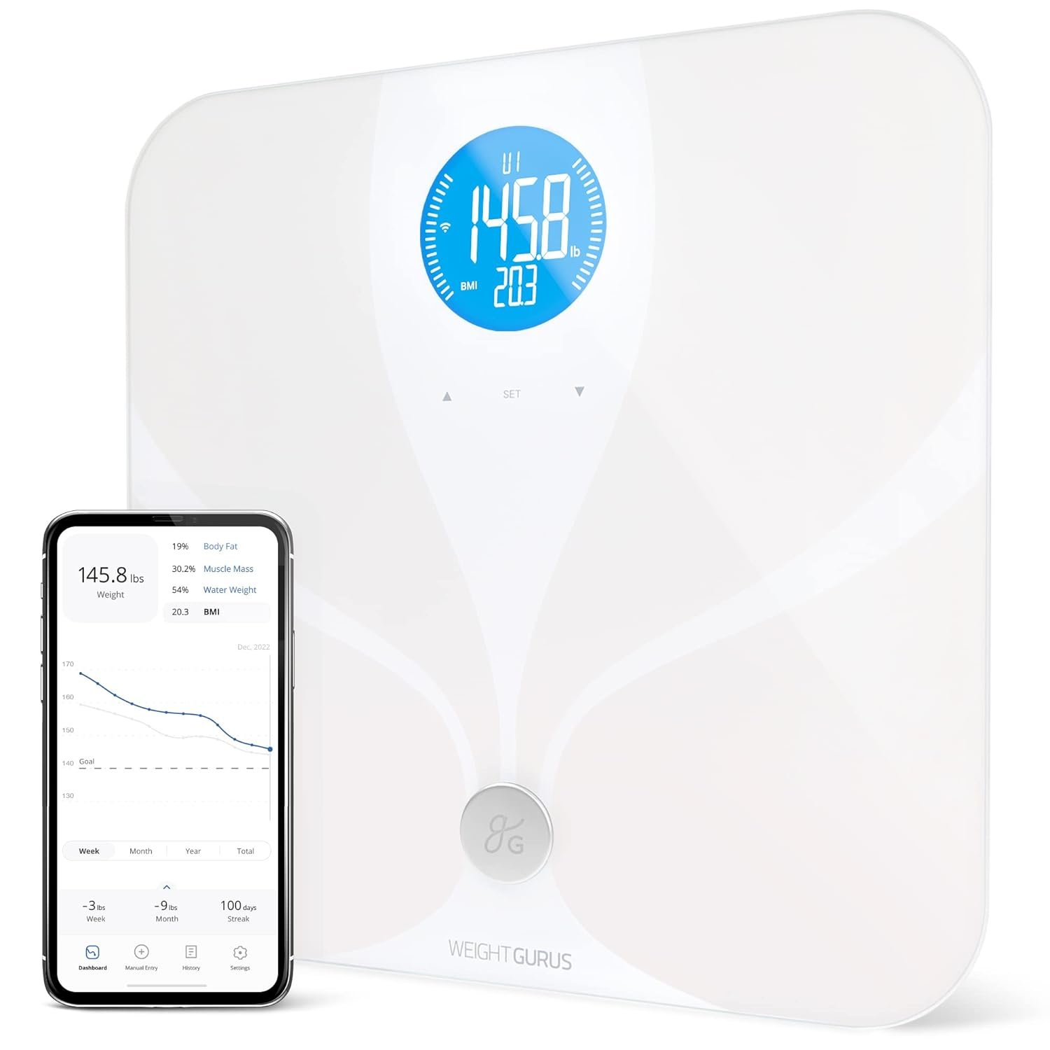 Greater Goods WiFi Premium Smart Scale Measures Tracks Weight, BMI, Muscle Mass, Water Weight, Bone Density, and Body Fat, Works with Fitbit, Apple Health Google Fit Greater Goods WiFi Premium Smart Scale Measures Tracks Weight, BMI, Muscle Mass, Water Weight, Bone Density, and Body Fat, Works with Fitbit, Apple Health Google Fit