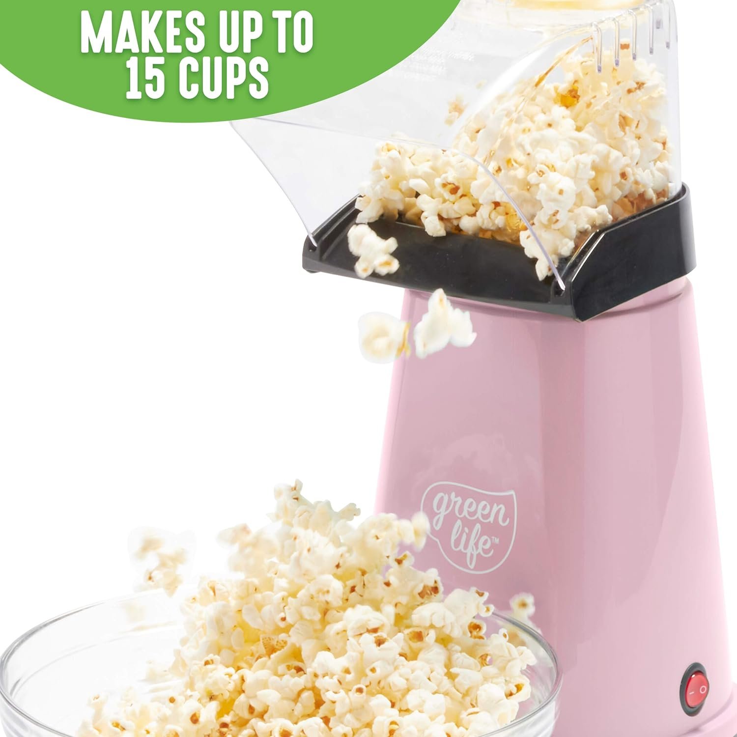 GreenLife Electric Popcorn Maker Hot Air Popper, Corn Kernal Measuring and Butter Melting Tray, Easy one Switch, Pink