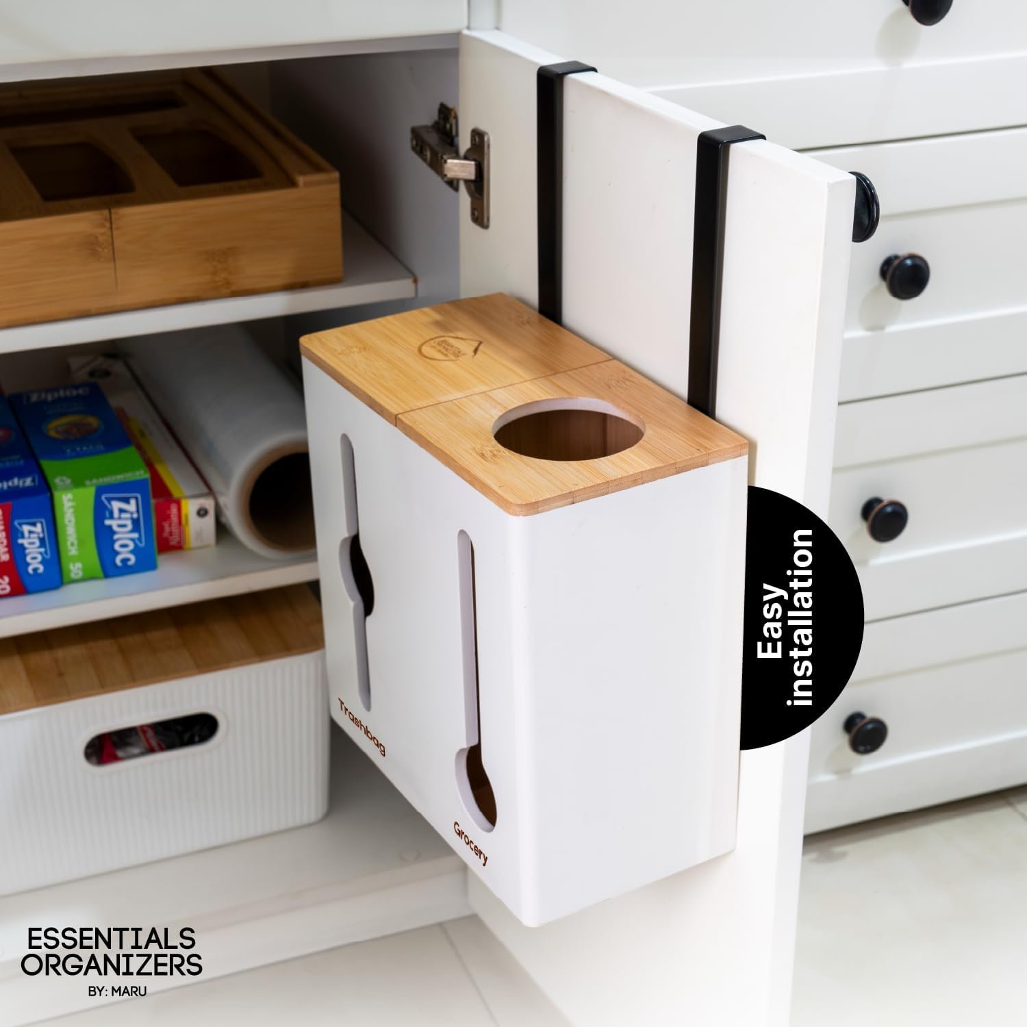 Grocery Bag Holder  Trash Bag Dispenser for Organization and Storage Kitchen - Fits 13 Gallons Bags -Plastic Bag Holders for Grocery Bags - Wooden Kitchen Accessories.(Natural)