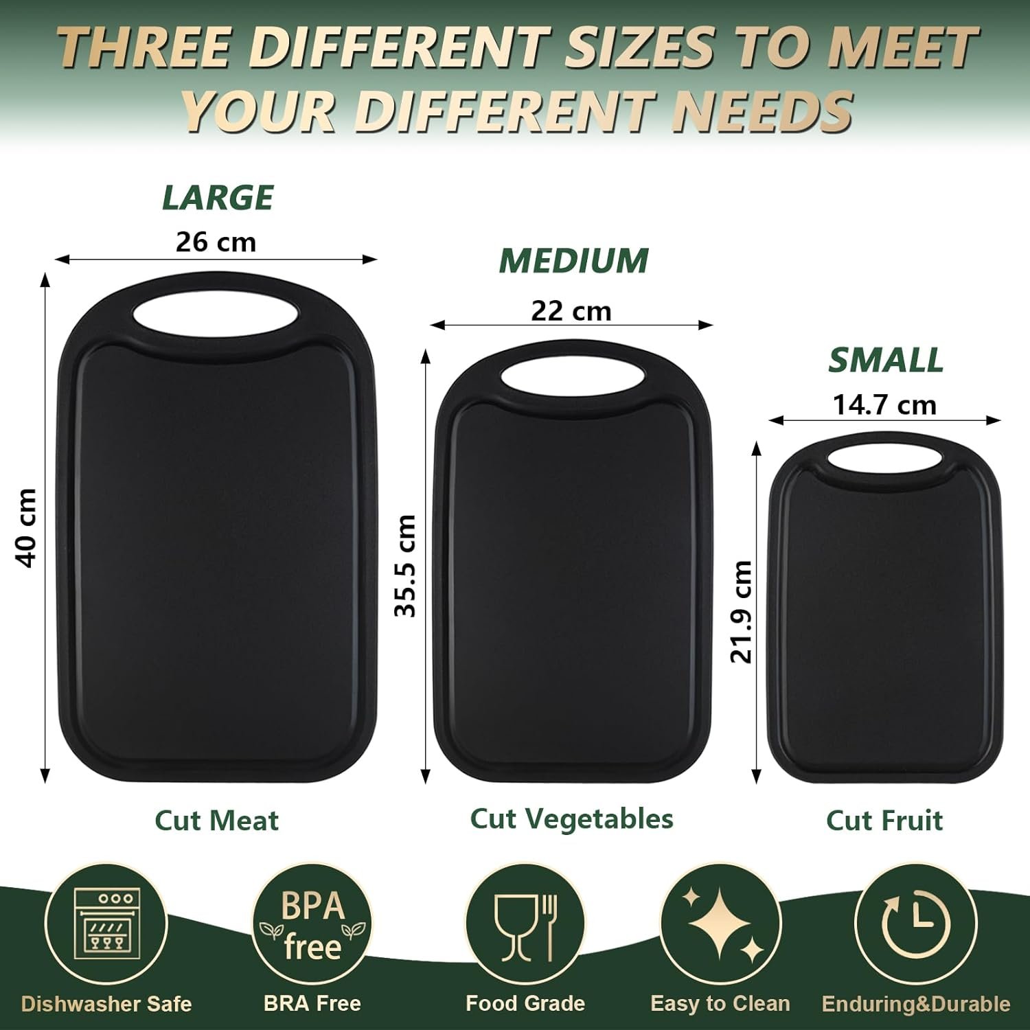 Gymdin BPA Free Black Durable Cutting Board Set of 3, Plastic Cutting Boards with Juice Grooves, Cutting Boards for Kitchen, Non-Slip Chopping Board Set, Easy Grip Handle, Dishwasher Safe