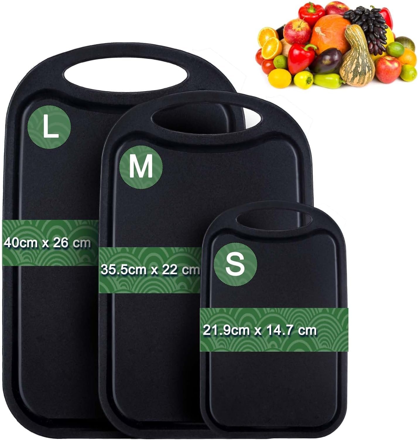 Gymdin BPA Free Black Durable Cutting Board Set of 3, Plastic Cutting Boards with Juice Grooves, Cutting Boards for Kitchen, Non-Slip Chopping Board Set, Easy Grip Handle, Dishwasher Safe