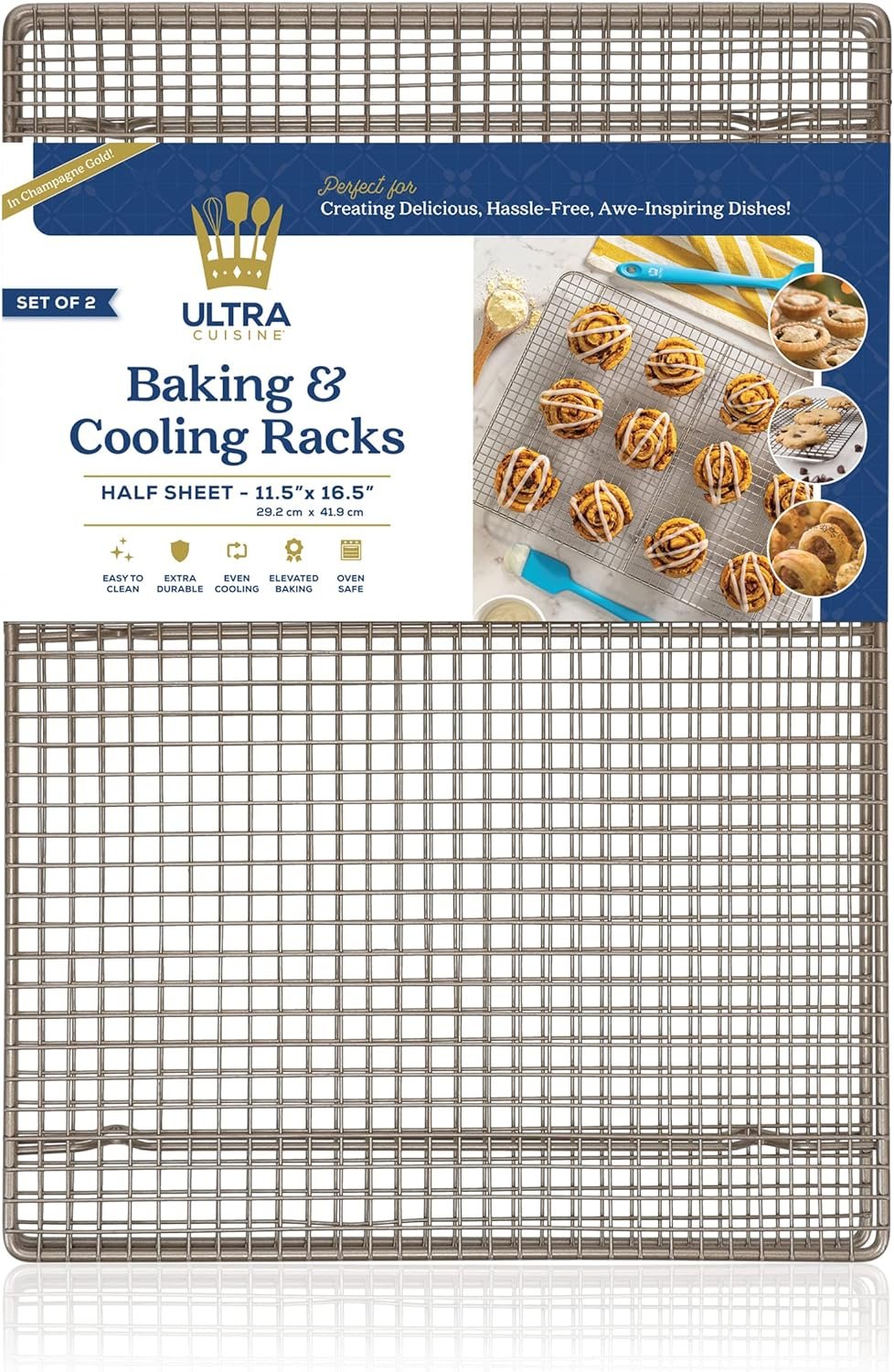 Half Sheet Cooling Rack Set of 2 by Ultra Cuisine - Wire Rack Baking Sheet - Oven Rack Grill - Wire Baking Rack - Sheet Pan Roasting Rack - Cooling Racks for Baking - Cooling Racks Champagne 12 x 17