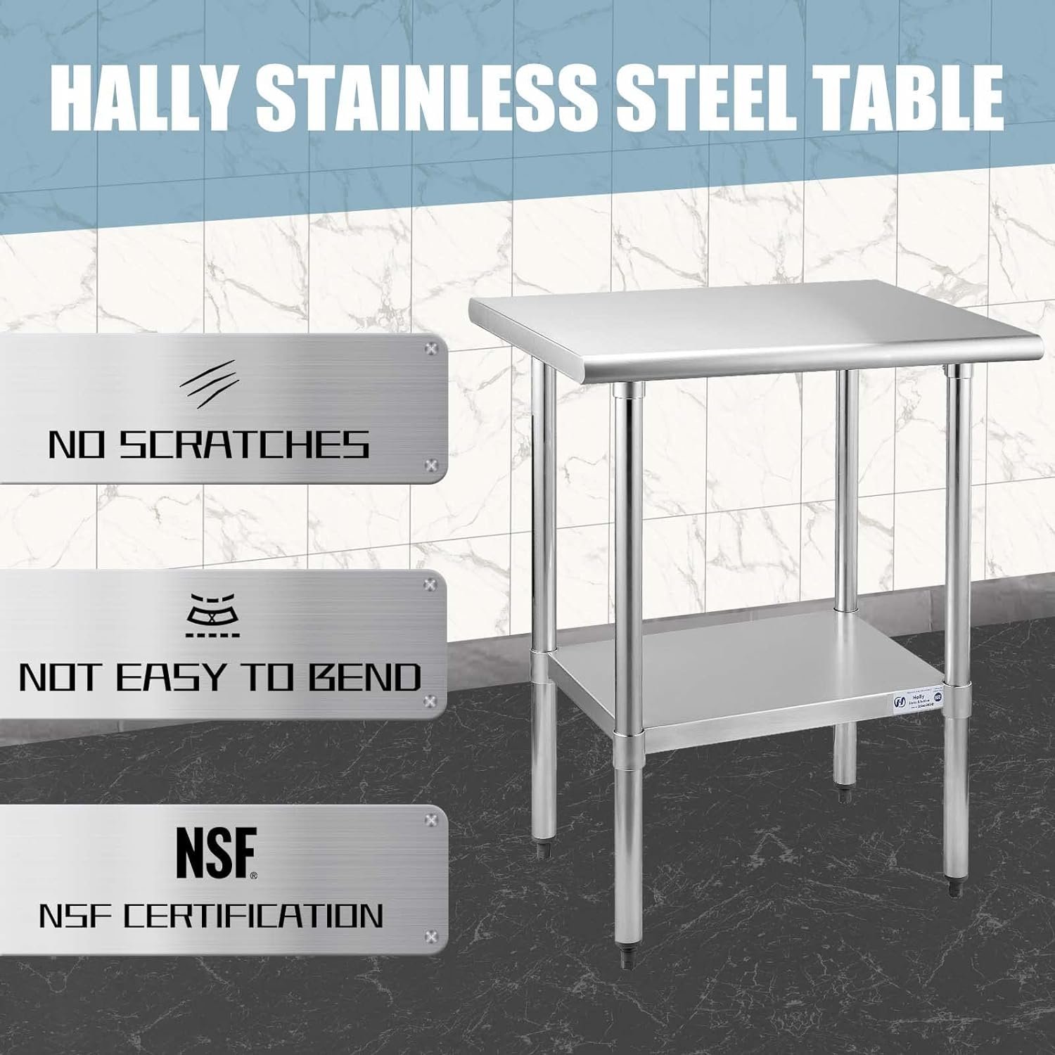Hally Stainless Steel Table for Prep  Work 24 x 30 Inches, NSF Commercial Heavy Duty Table with Undershelf and Galvanized Legs for Restaurant, Home and Hotel