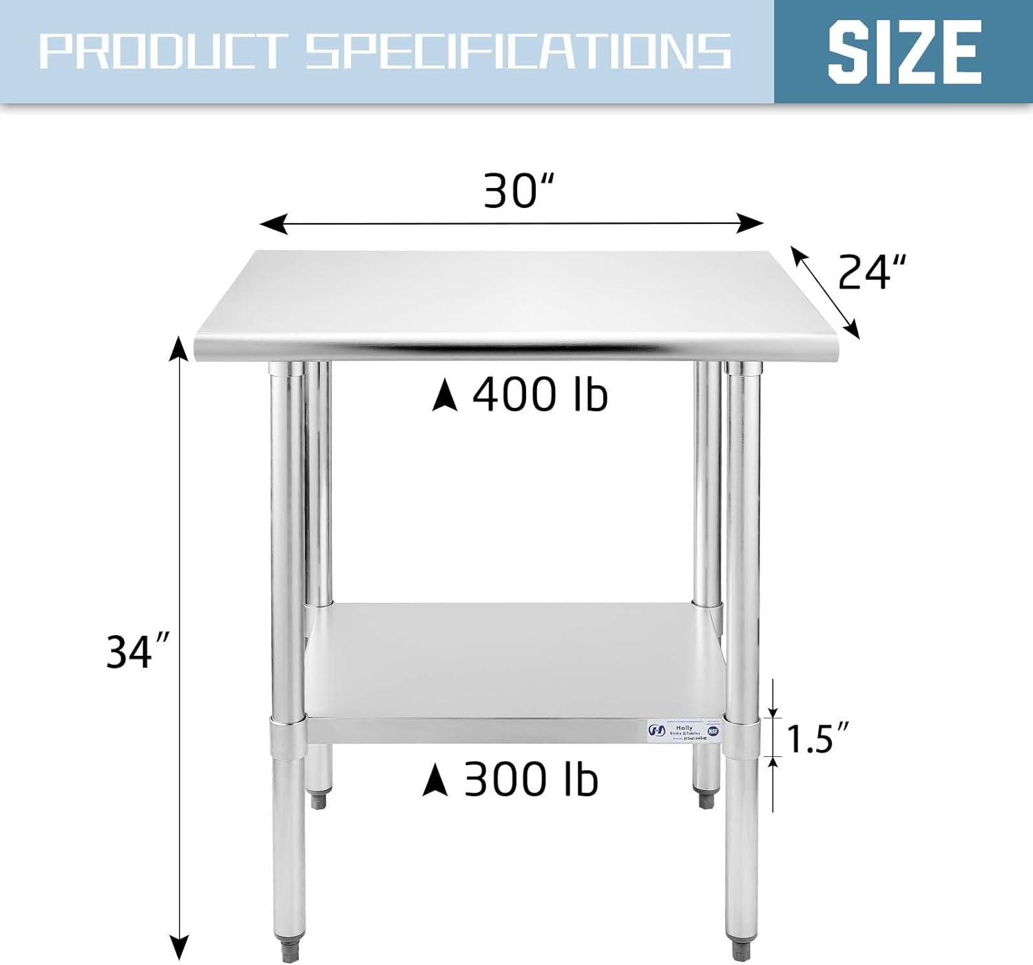 Hally Stainless Steel Table for Prep  Work 24 x 30 Inches, NSF Commercial Heavy Duty Table with Undershelf and Galvanized Legs for Restaurant, Home and Hotel