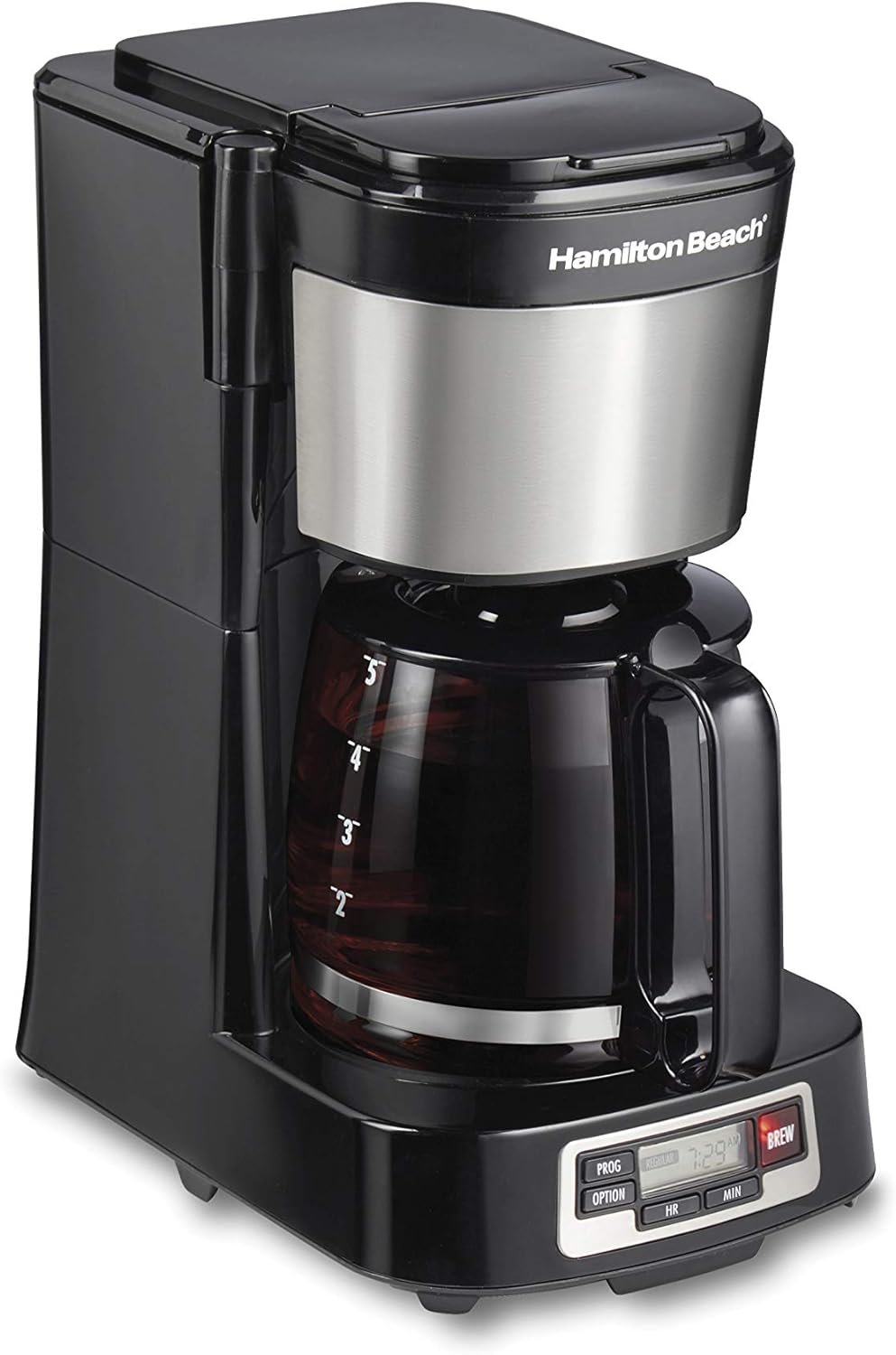 Hamilton Beach 5 Cup Compact Drip Coffee Maker with Programmable Clock, Glass Carafe, Auto Pause and Pour, Black  Stainless Steel (46111)