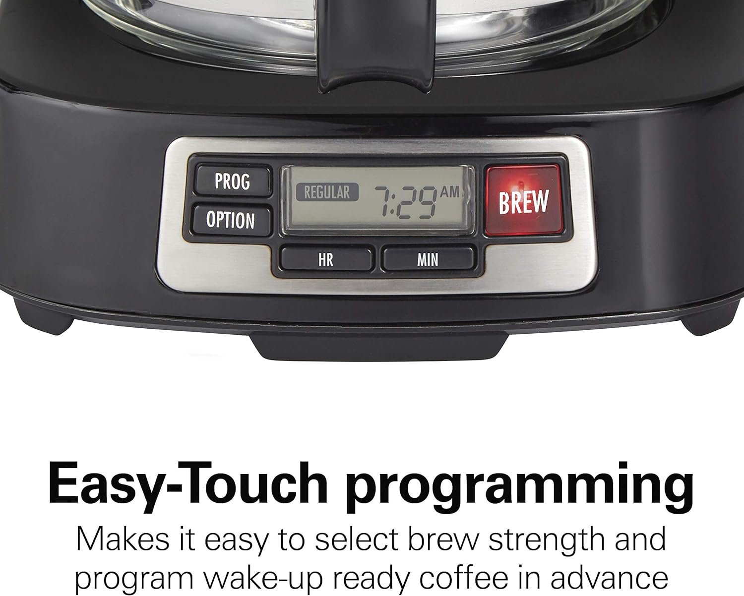 Hamilton Beach 5 Cup Compact Drip Coffee Maker with Programmable Clock, Glass Carafe, Auto Pause and Pour, Black  Stainless Steel (46111)