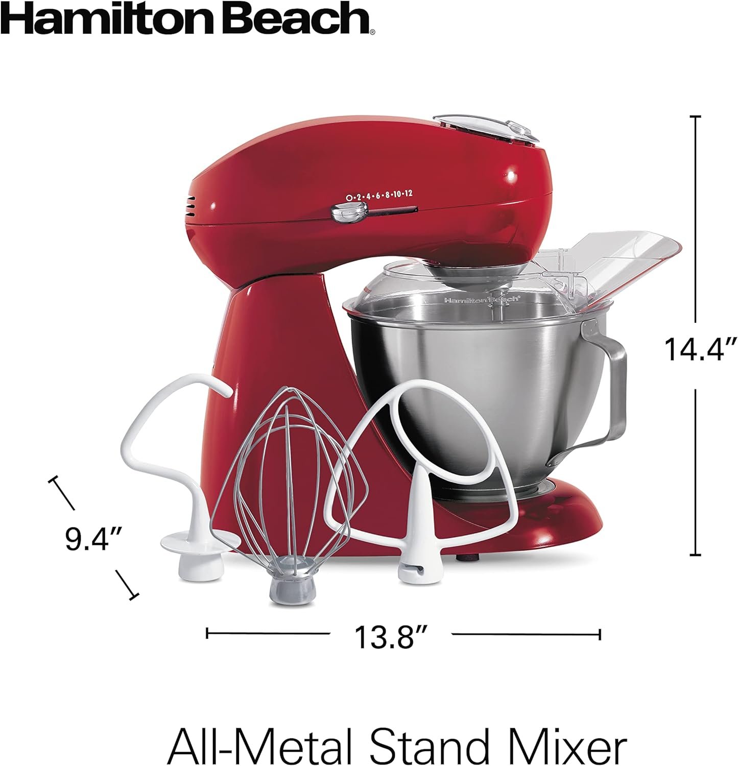 Hamilton Beach All-Metal 12-Speed Electric Stand Mixer, Tilt-Head, 4.5 Quarts, Pouring Shield, Red