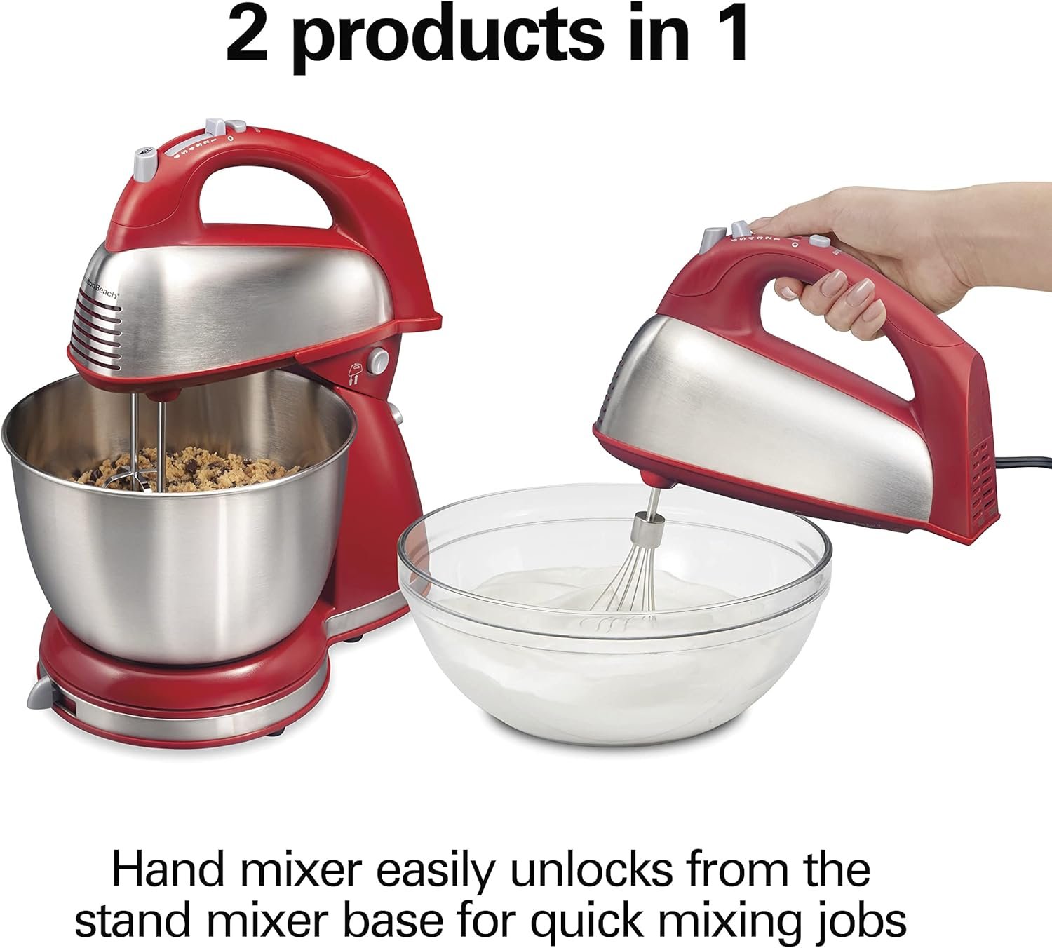 Hamilton Beach Classic Stand and Hand Mixer, 4 Quarts, 6 Speeds with QuickBurst, Bowl Rest, 290 Watts Peak Power, Red (64654)
