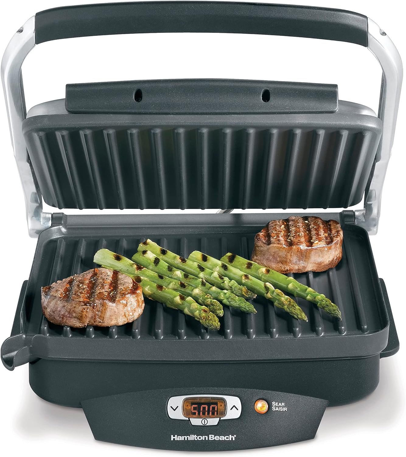 Hamilton Beach Steak Lovers Electric Indoor Searing Grill, Nonstick 100 Square, Stainless Steel (25331), Black and Stainless, Medium Hamilton Beach Steak Lovers Electric Indoor Searing Grill, Nonstick 100 Square, Stainless Steel (25331), Black and Stainless, Medium