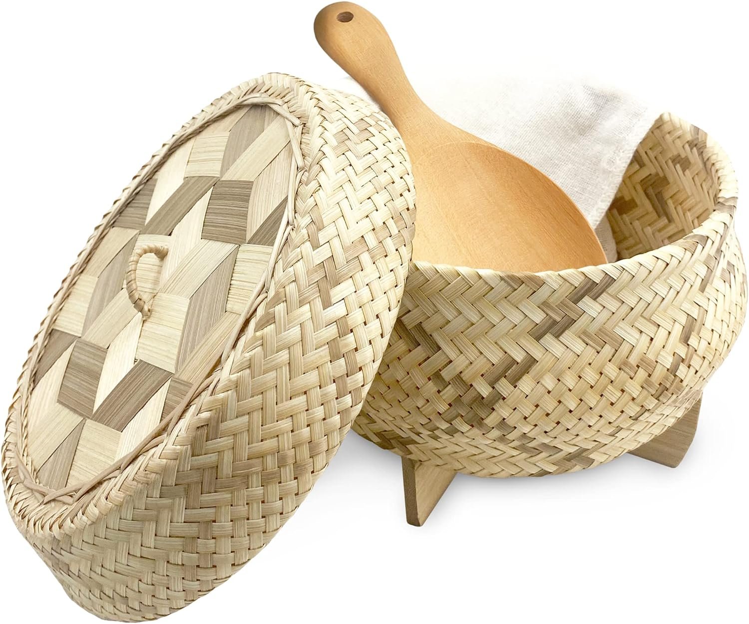 Handmade 100% Natural Thai Bamboo Sticky Rice “Electric Cooker Steamer Set”, Small Pot Insert ~ 6.5 Inch, Hewn Reed Wicker Woven Lid, 16’’ Cheesecloth Filter, and Wooden Spoon Handmade 100% Natural Thai Bamboo Sticky Rice “Electric Cooker Steamer Set”, Small Pot Insert ~ 6.5 Inch, Hewn Reed Wicker Woven Lid, 16’’ Cheesecloth Filter, and Wooden Spoon