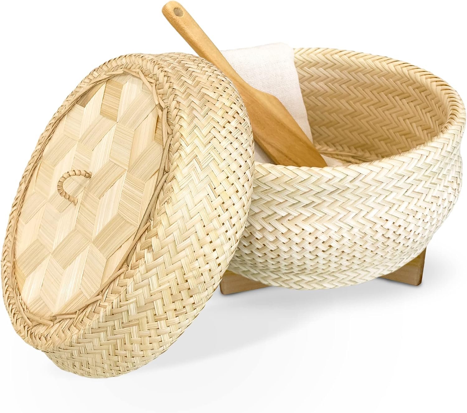 Handmade 100% Natural Thai Bamboo Sticky Rice “Electric Cooker Steamer Set”, Small Pot Insert ~ 6.5 Inch, Hewn Reed Wicker Woven Lid, 16’’ Cheesecloth Filter, and Wooden Spoon Handmade 100% Natural Thai Bamboo Sticky Rice “Electric Cooker Steamer Set”, Small Pot Insert ~ 6.5 Inch, Hewn Reed Wicker Woven Lid, 16’’ Cheesecloth Filter, and Wooden Spoon