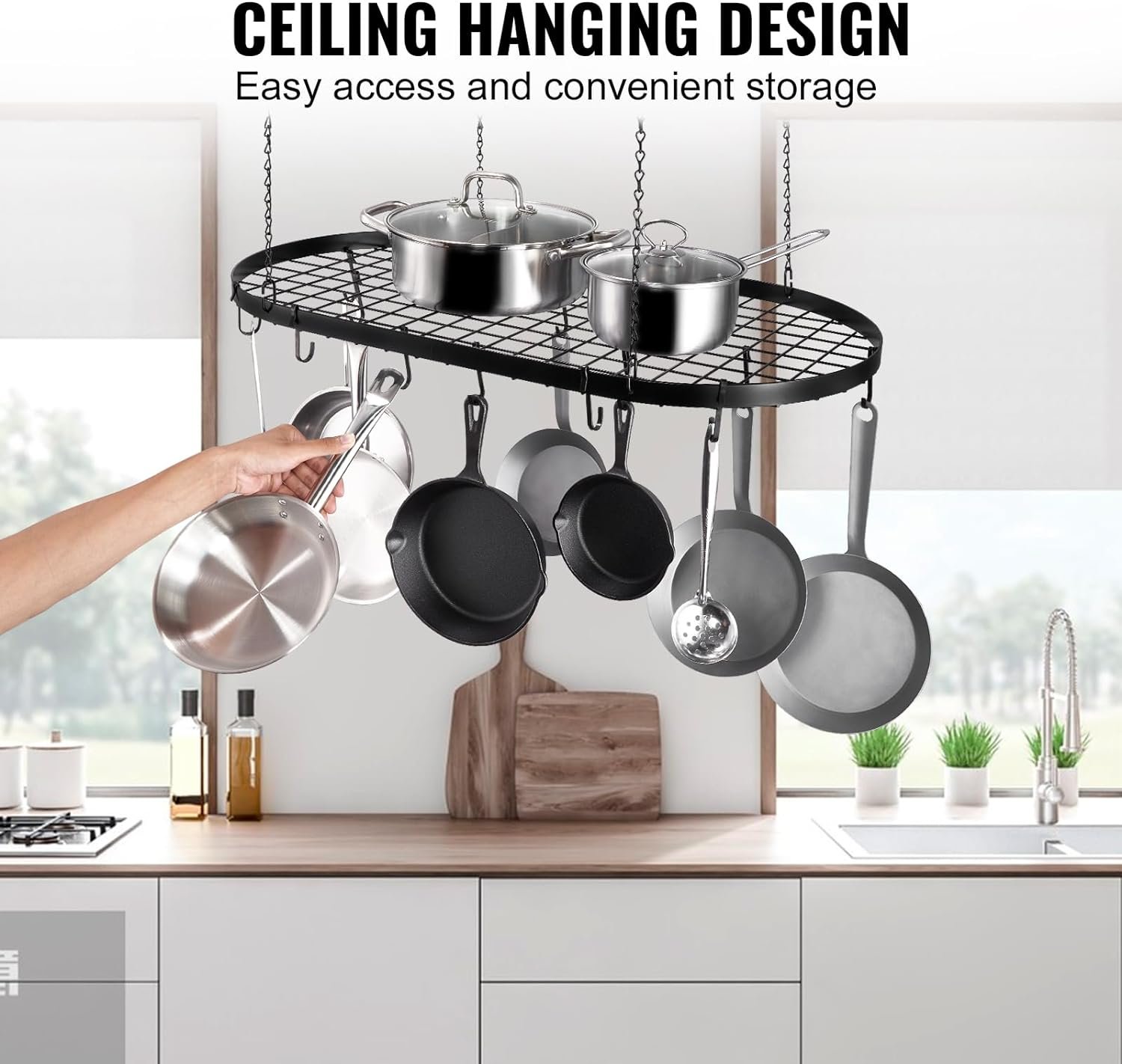 Hanging Pot Rack, 36 inch Hanging Pot Rack Ceiling Mount, Ceiling Pot Rack with 20 S Hooks, 80 lbs Loading Weight, Ideal for Home, Restaurant, Kitchen Cookware, Utensils