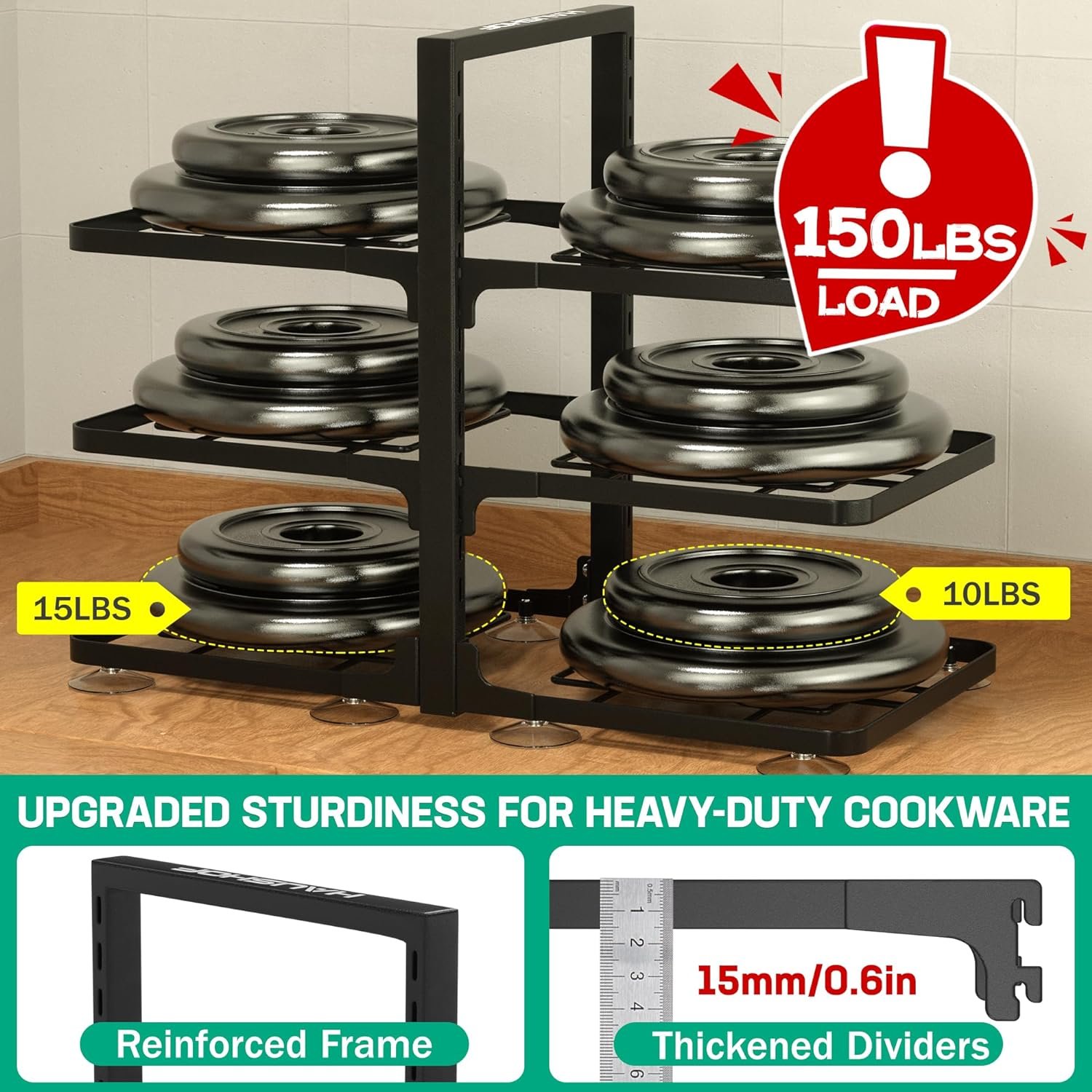 HAUSHOF Pots and Pans Organizer, 16 150LBS Heavy Duty Pot Holders for Kitchen, 6-Tier Adjustable Pan Rack under Cabinet with Suction Cup, Snap-on Cookware Storage Organization Pot Pan Stand Stacker