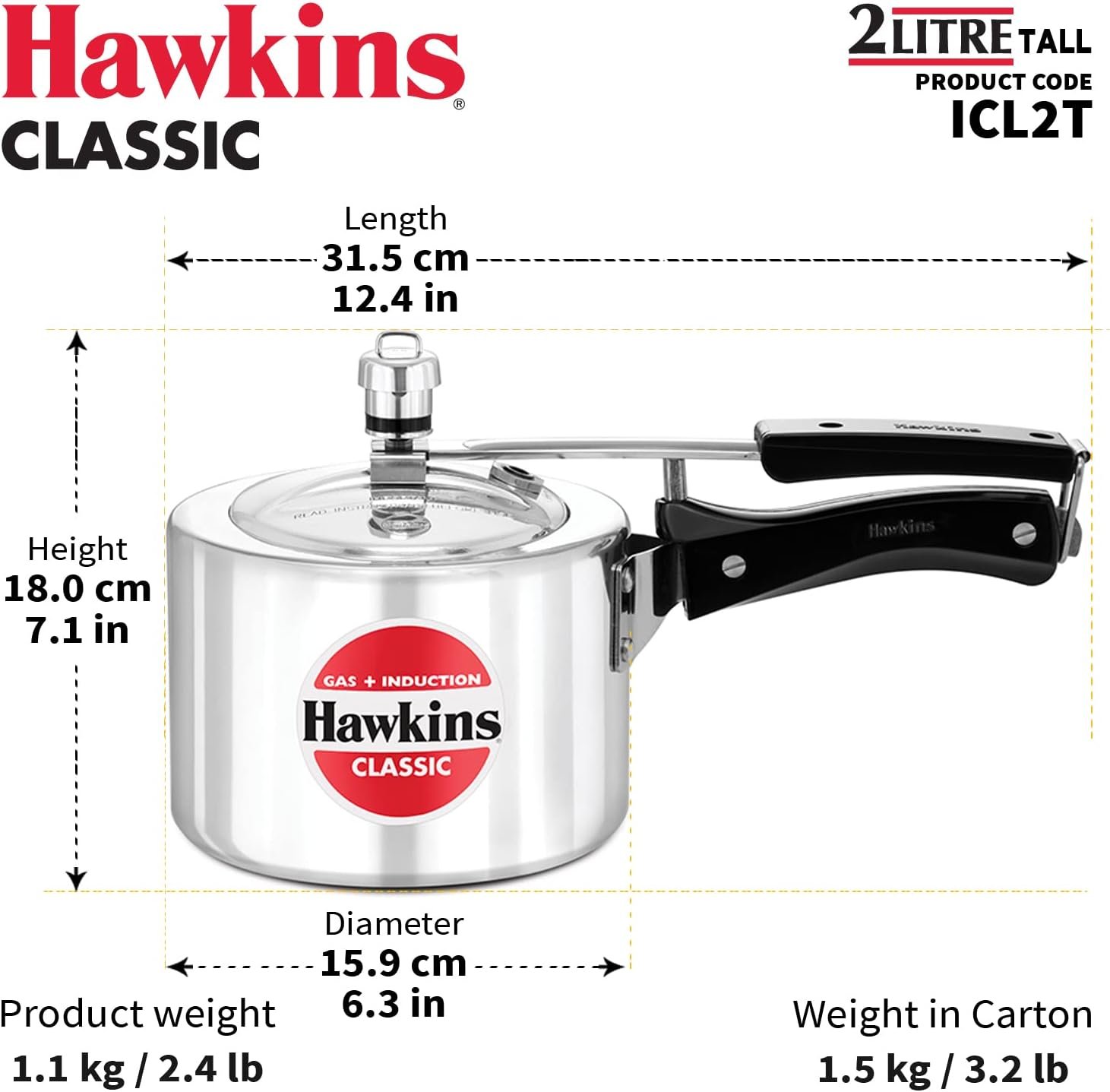 hawkins-classic-2-liter-inner-lid-aluminum-pressure-cooker-induction-cooker-wide-design-pan-cooker-best-cooker-silver-ic - Cooking Appliance World
