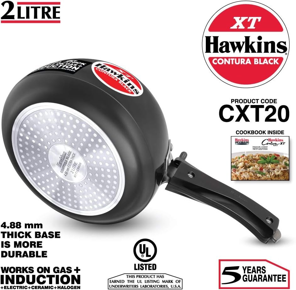 Hawkins Contura CXT20 Extra Thick Hard Anodised Pressure Cooker for Gas,Induction and Electric Stoves, 2 litres, Black Hawkins Contura CXT20 Extra Thick Hard Anodised Pressure Cooker for Gas,Induction and Electric Stoves, 2 litres, Black