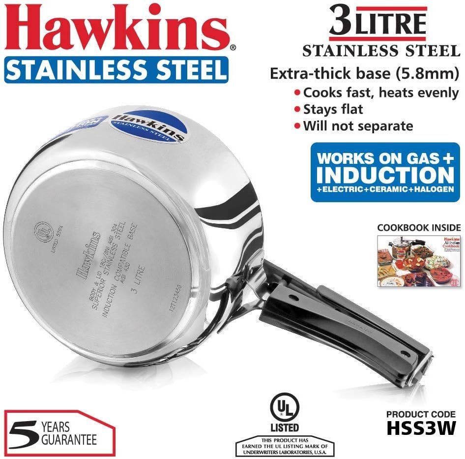 HAWKINS Hawkins Stainless Steel Induction Compatible Pressure Cooker,3 Litre,Silver (HSS3W) Wide,Medium