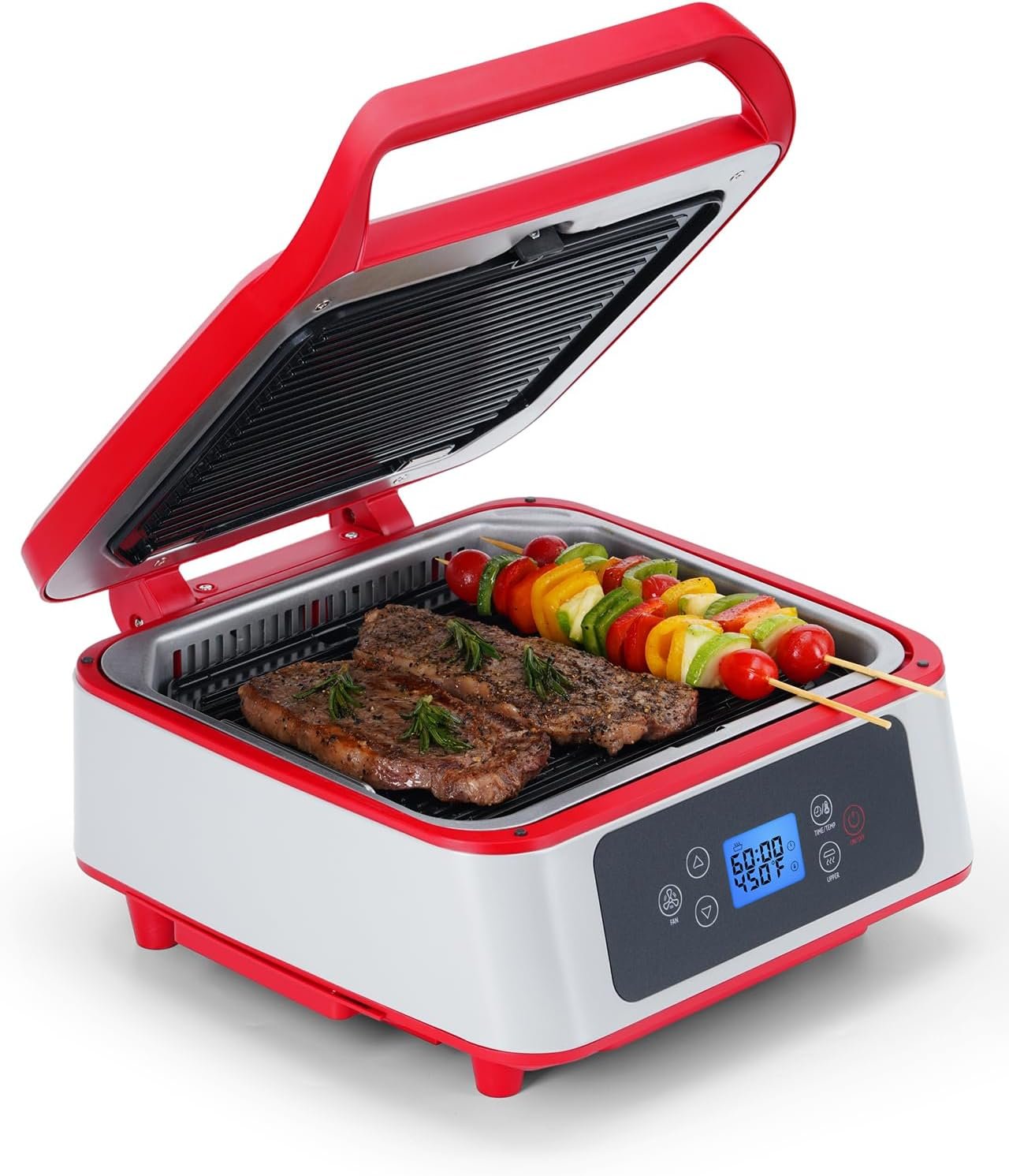 Hazel Quinn Smokeless Indoor Grill, Electric Grill, 13 Removable Nonstick Plates, Dishwasher-Safe, 450°F Max Heat, Adjustable Temperature Control for Indoor Barbecue - Retro Red  Grey