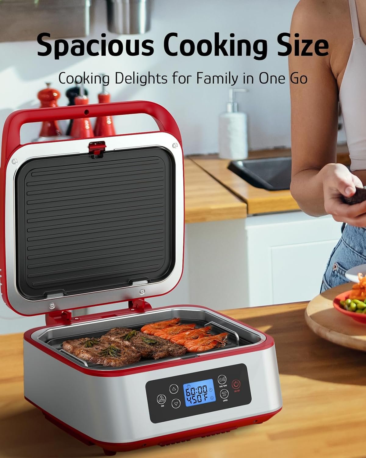 Hazel Quinn Smokeless Indoor Grill, Electric Grill, 13 Removable Nonstick Plates, Dishwasher-Safe, 450°F Max Heat, Adjustable Temperature Control for Indoor Barbecue - Retro Red  Grey