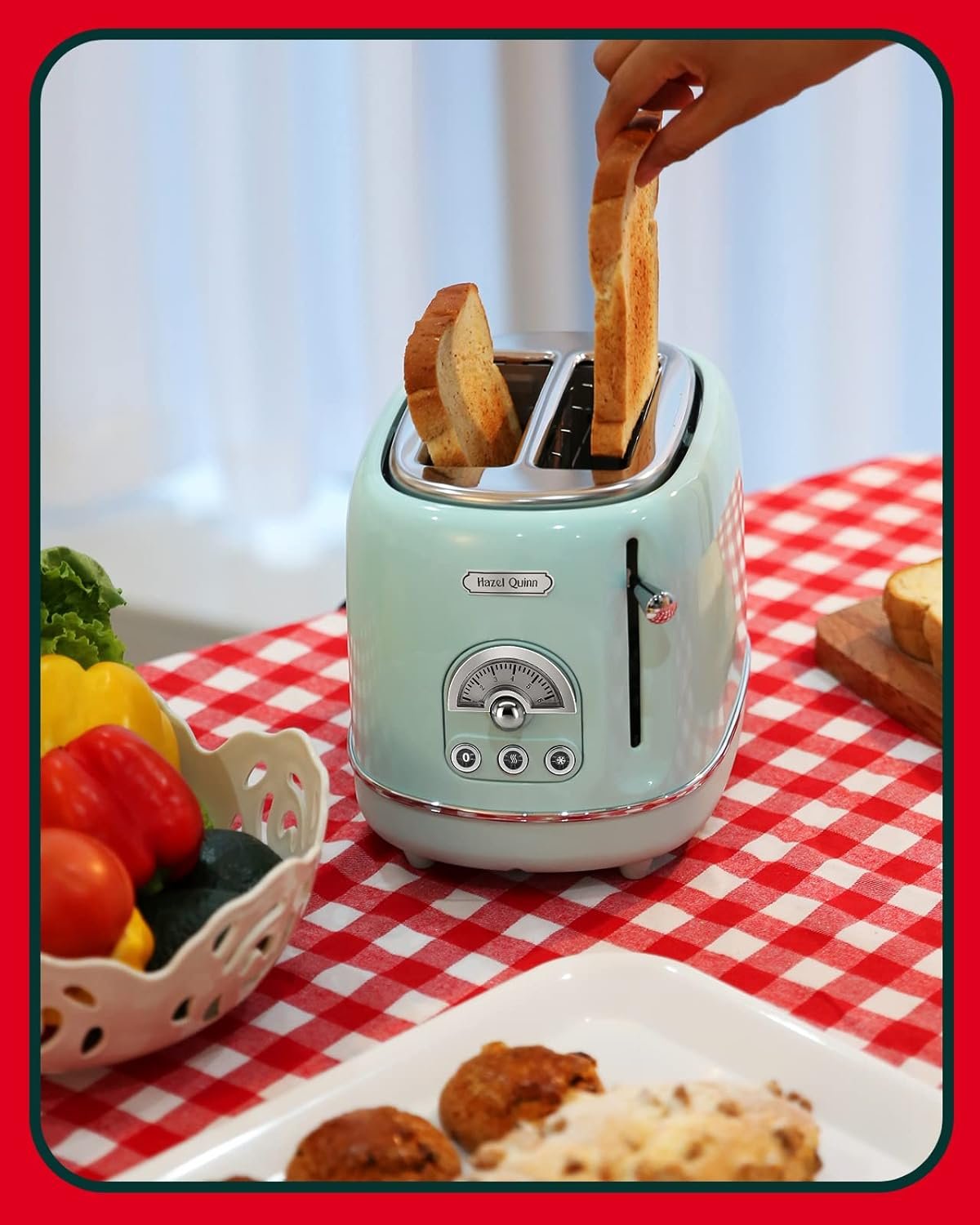 Hazel Quinn X Eduardo Recife Collaboration 2-Slice Retro Toaster, 6 Browning Levels, 3 Functions-Defrost/Reheat/Cancel, Removable Crumb Tray for Easy to Clean, 1.5 Inches Extra Wide Slots