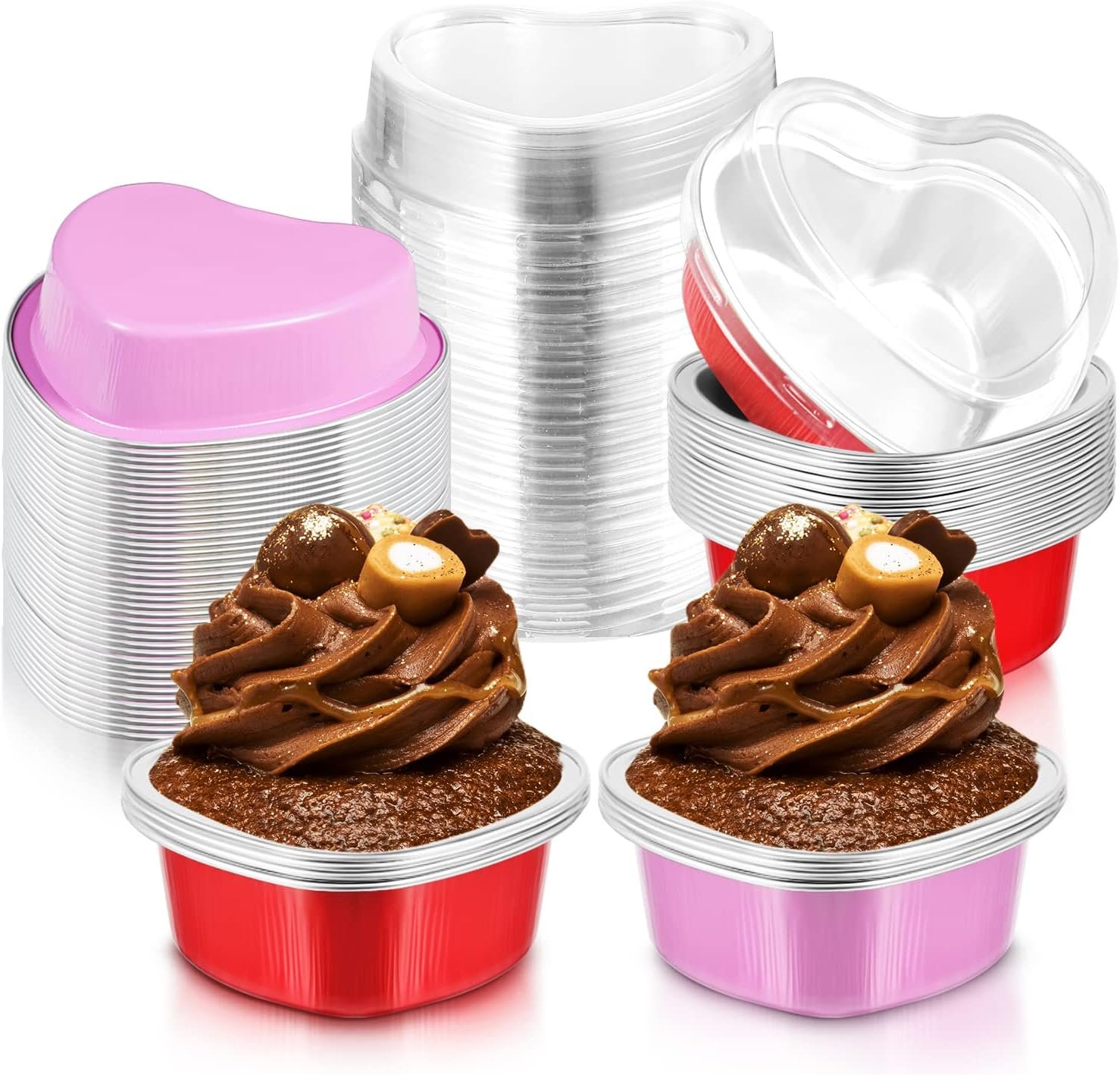 Heart Shaped Cake Pans with Lids, 3.4 Ounces/ 100 ml, Aluminum Foil Mini Disposable Heart Cupcake Pans for Valentines Day Wedding Parties (Gold, Red, Pink, White,60 Sets) Heart Shaped Cake Pans with Lids, 3.4 Ounces/ 100 ml, Aluminum Foil Mini Disposable Heart Cupcake Pans for Valentines Day Wedding Parties (Gold, Red, Pink, White,60 Sets)