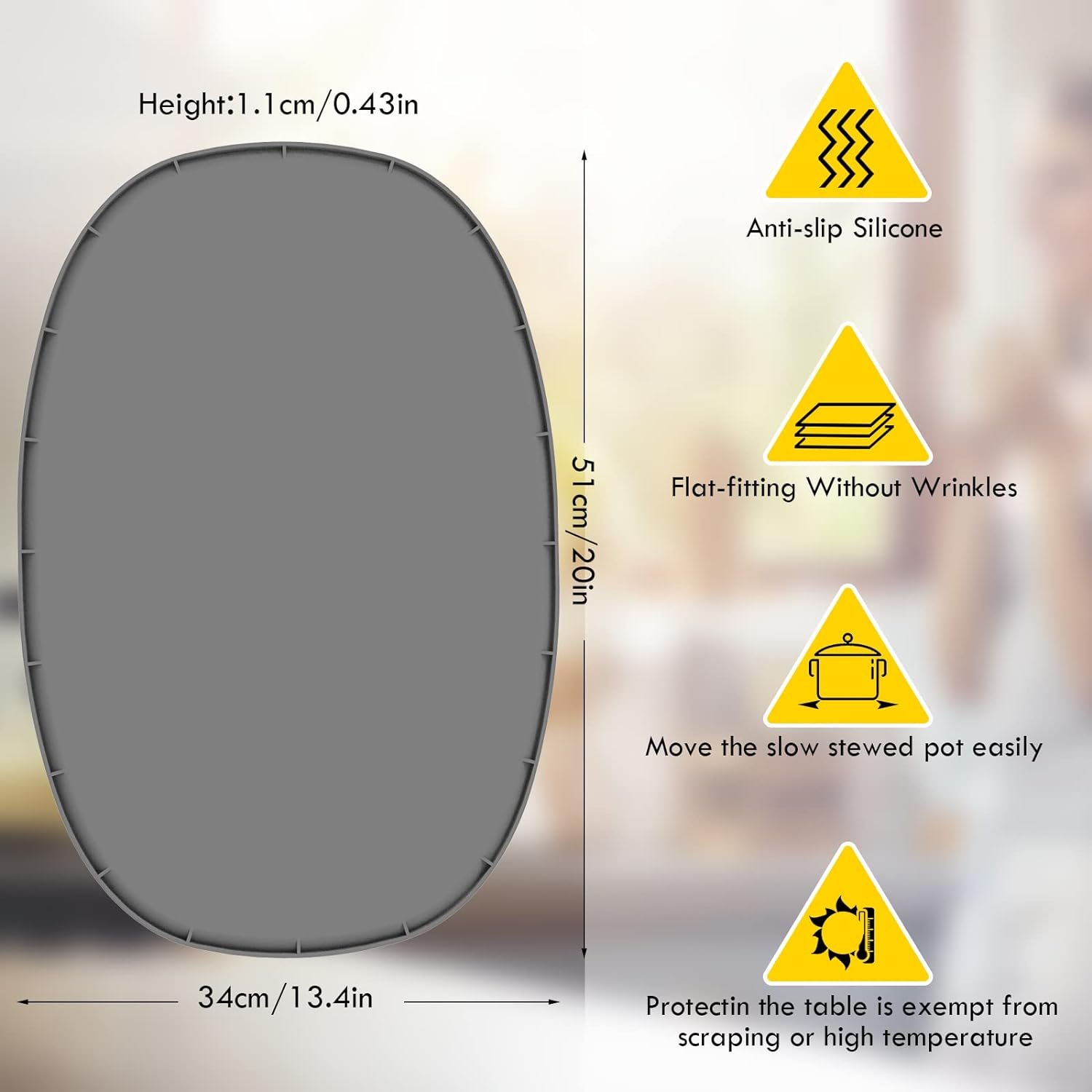 Heat Resistant Mat for 6-8 Quart Slow Cooker, Kitchen Heat Resistant Silicone Trivet，Oval Thickened Silicone Non Slip Heat Resistant Mat