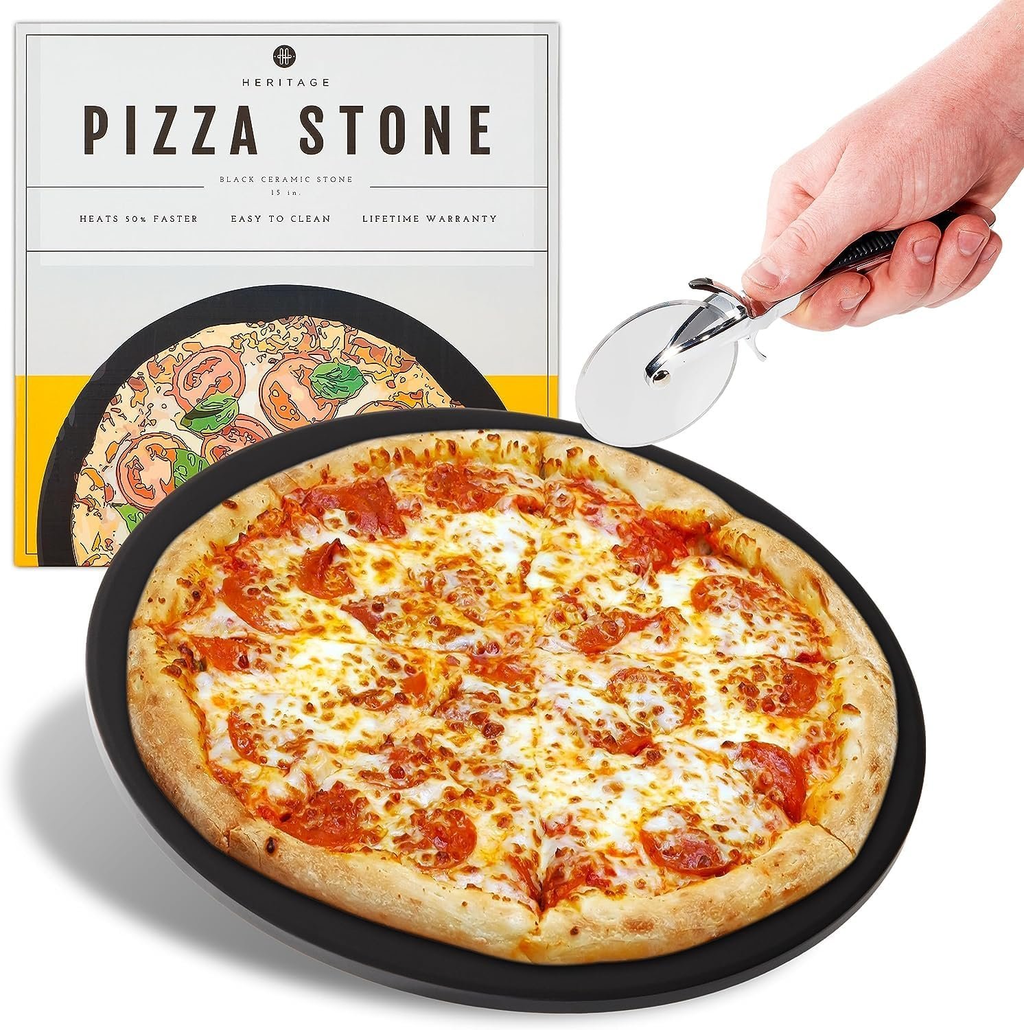 Heritage Pizza Stone, 15 inch Ceramic Baking Stones for Oven Use - Non Stick, No Stain Pan  Cutter Set for Gas, BBQ  Grill - Kitchen Accessories  Housewarming Gifts with Bonus Pizza Wheel - Black Heritage Pizza Stone, 15 inch Ceramic Baking Stones for Oven Use - Non Stick, No Stain Pan  Cutter Set for Gas, BBQ  Grill - Kitchen Accessories  Housewarming Gifts with Bonus Pizza Wheel - Black