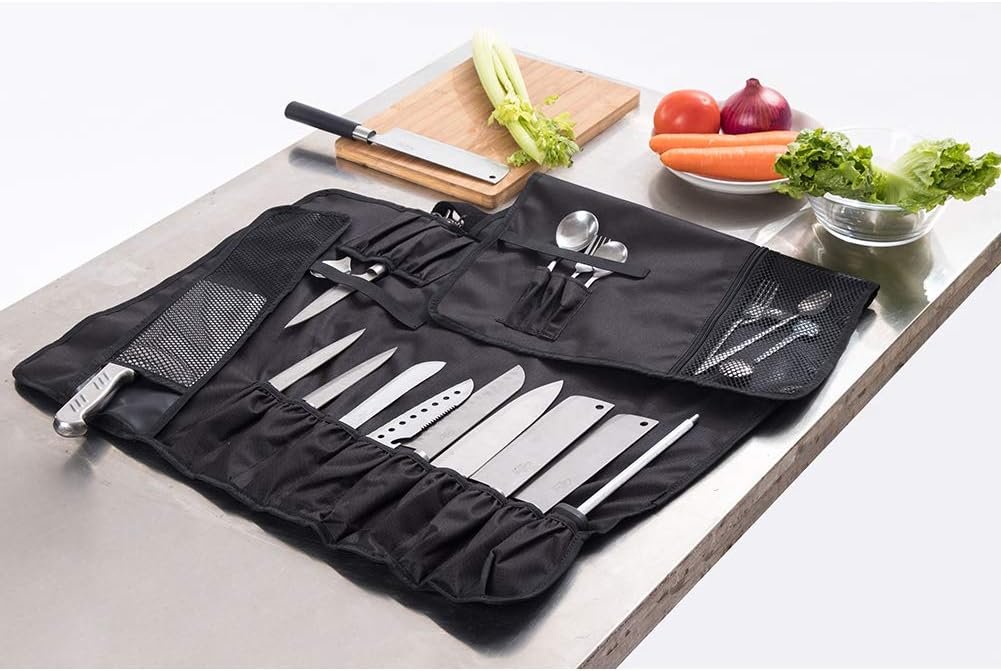 HERSENT Knife Roll, Chef Knife Roll Bag With 17 Slots Can Holds13 Knives,1 Meat Cleaver, And 3 Utensil Pockets,Durable Knife Case With Handle, Shoulder Strap  Zippered Mesh Pocket Holder