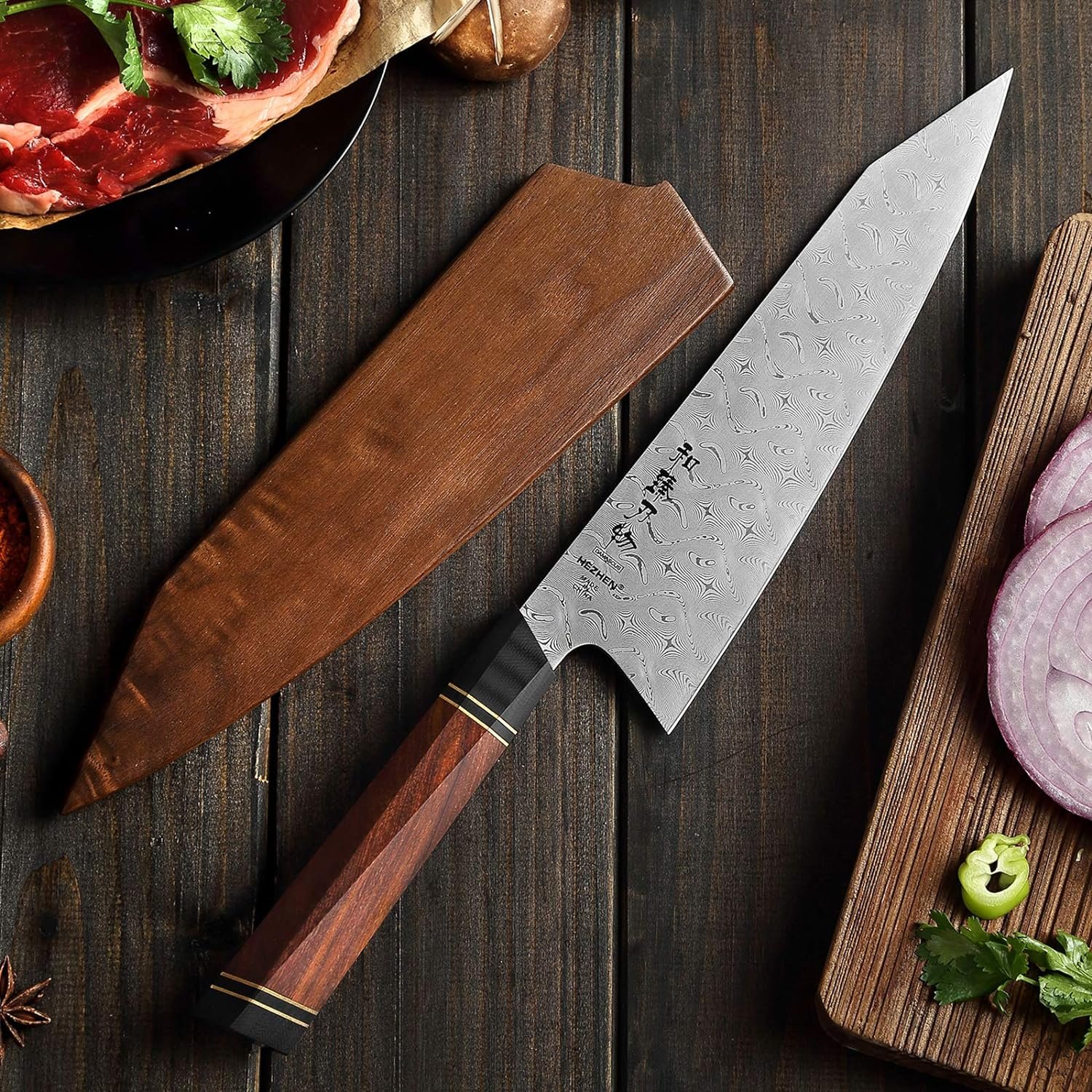HEZHEN- 8.5 Chef Knife, 110 Layers Full Damascus Steel ,Japanese Style Kiritsuke Kitchen Knife, Gyuto Octagonal Handle, Magnetic Wooden Sheath Case Wooden Box