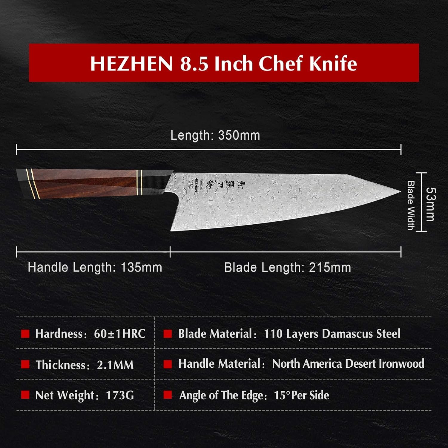 HEZHEN- 8.5 Chef Knife, 110 Layers Full Damascus Steel ,Japanese Style Kiritsuke Kitchen Knife, Gyuto Octagonal Handle, Magnetic Wooden Sheath Case Wooden Box