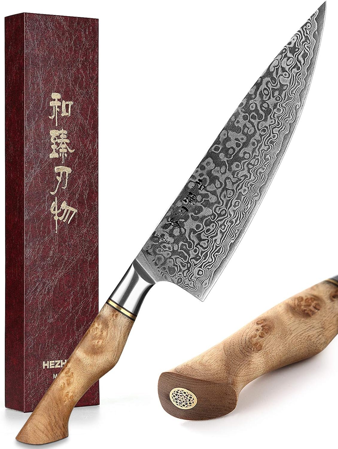 HEZHEN Chefs Knife-Professional-8.3 inch Damascus Steel, Kitchen Knife VG10 Gyuto Knife-Master Series Chef Cooking Tool at Home,Restaurant-Figured Sycamore Wood Handle