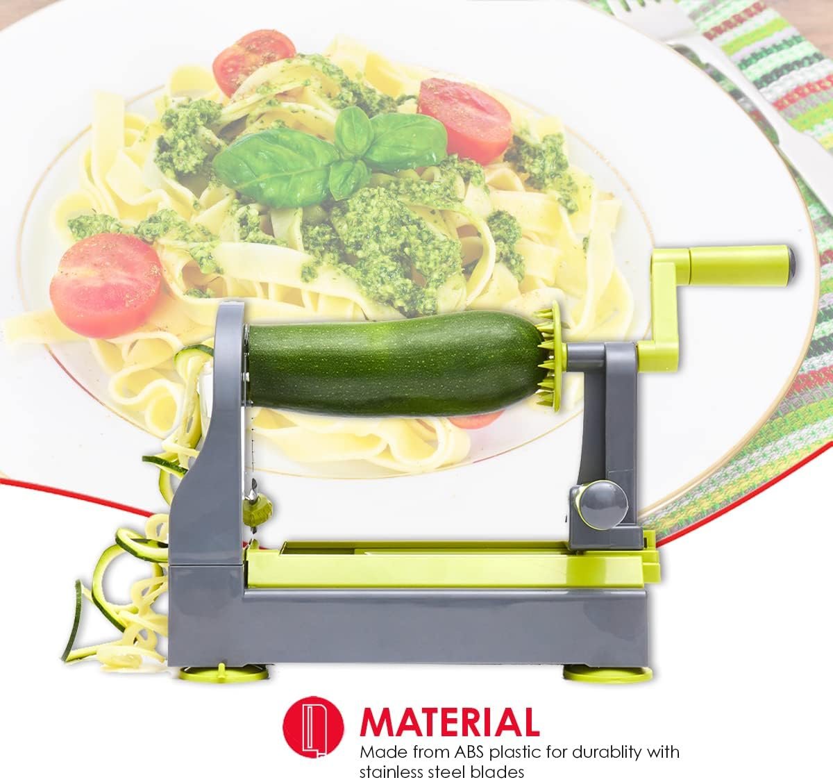 Home Basics 4 Function Tabletop Spiralizer, Green | 4 Razor Sharp Blades | Safety Guards Protect While Using | Durable | Easy to Clean | Great for Vegetables  Fruit | Healthy Way to Prepare Meals Home Basics 4 Function Tabletop Spiralizer, Green | 4 Razor Sharp Blades | Safety Guards Protect While Using | Durable | Easy to Clean | Great for Vegetables  Fruit | Healthy Way to Prepare Meals