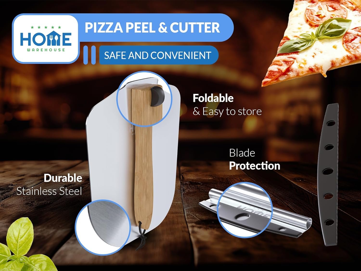 Home Warehouse Pizza Making Kit - Stainless Steel Pizza Peel with wooden handle  Pizza Cutter - Seamless Design - For Pizza Lovers