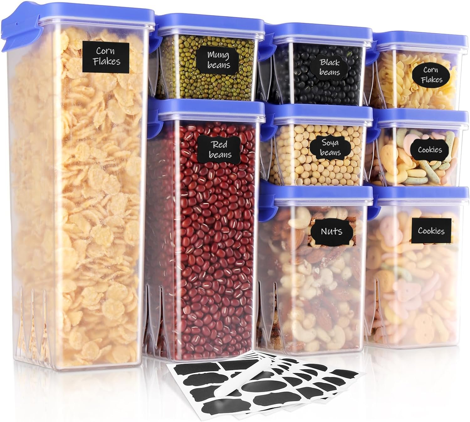 HOMER 2023 New Airtight Food Storage Containers with Blue Lids - Plastic Airtight Storage Containers for Pantry - 9 PCS BPA Kitchen Organizers for Cereal,Pasta, Flour  Sugar - Labels  Marker