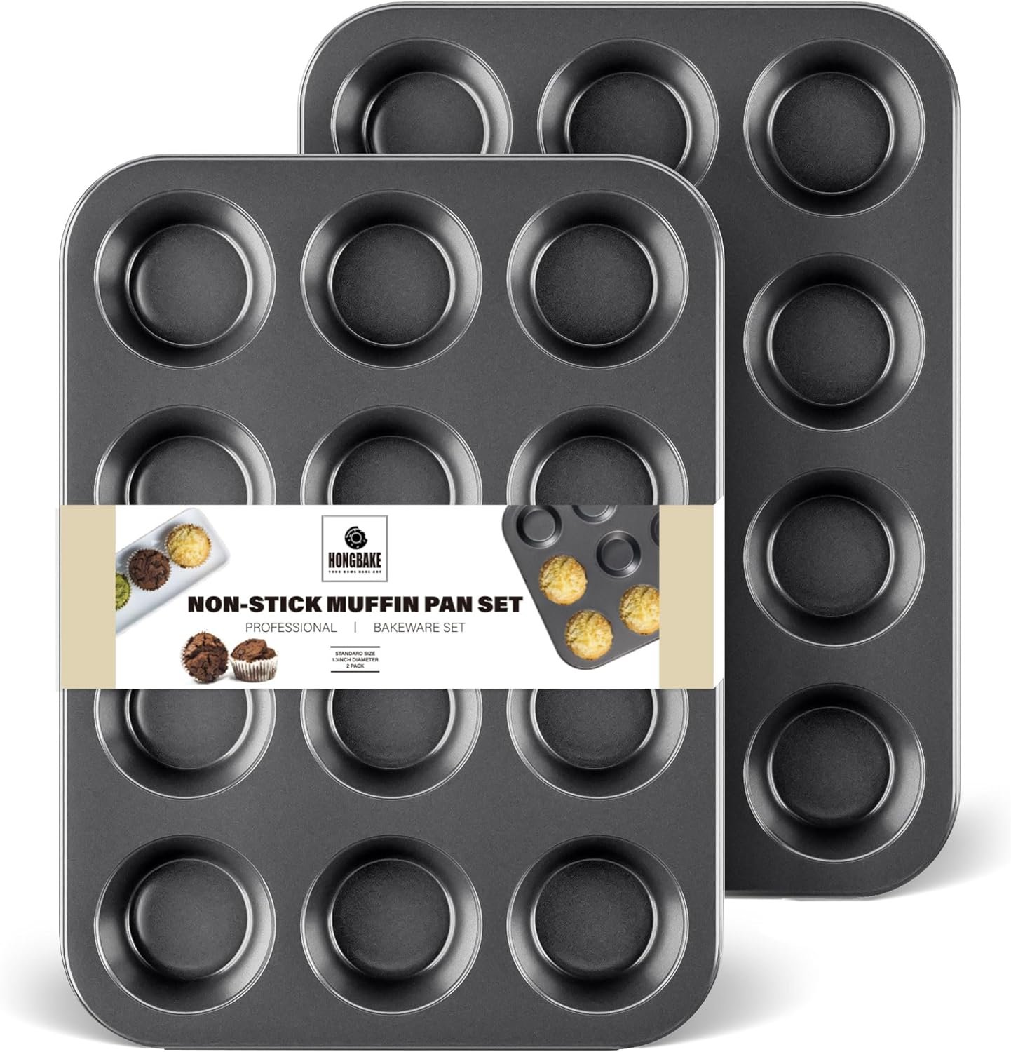 HONGBAKE Muffin Pan for Baking, Nonstick Cupcake Tin 12 Cup, 2 Pack Cup Cake Tray, Premium Cheesecake Pans, Dishwasher Safe - Dark Grey HONGBAKE Muffin Pan for Baking, Nonstick Cupcake Tin 12 Cup, 2 Pack Cup Cake Tray, Premium Cheesecake Pans, Dishwasher Safe - Dark Grey
