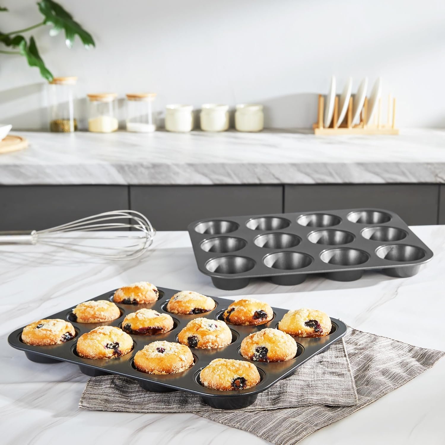 HONGBAKE Muffin Pan for Baking, Nonstick Cupcake Tin 12 Cup, 2 Pack Cup Cake Tray, Premium Cheesecake Pans, Dishwasher Safe - Dark Grey HONGBAKE Muffin Pan for Baking, Nonstick Cupcake Tin 12 Cup, 2 Pack Cup Cake Tray, Premium Cheesecake Pans, Dishwasher Safe - Dark Grey